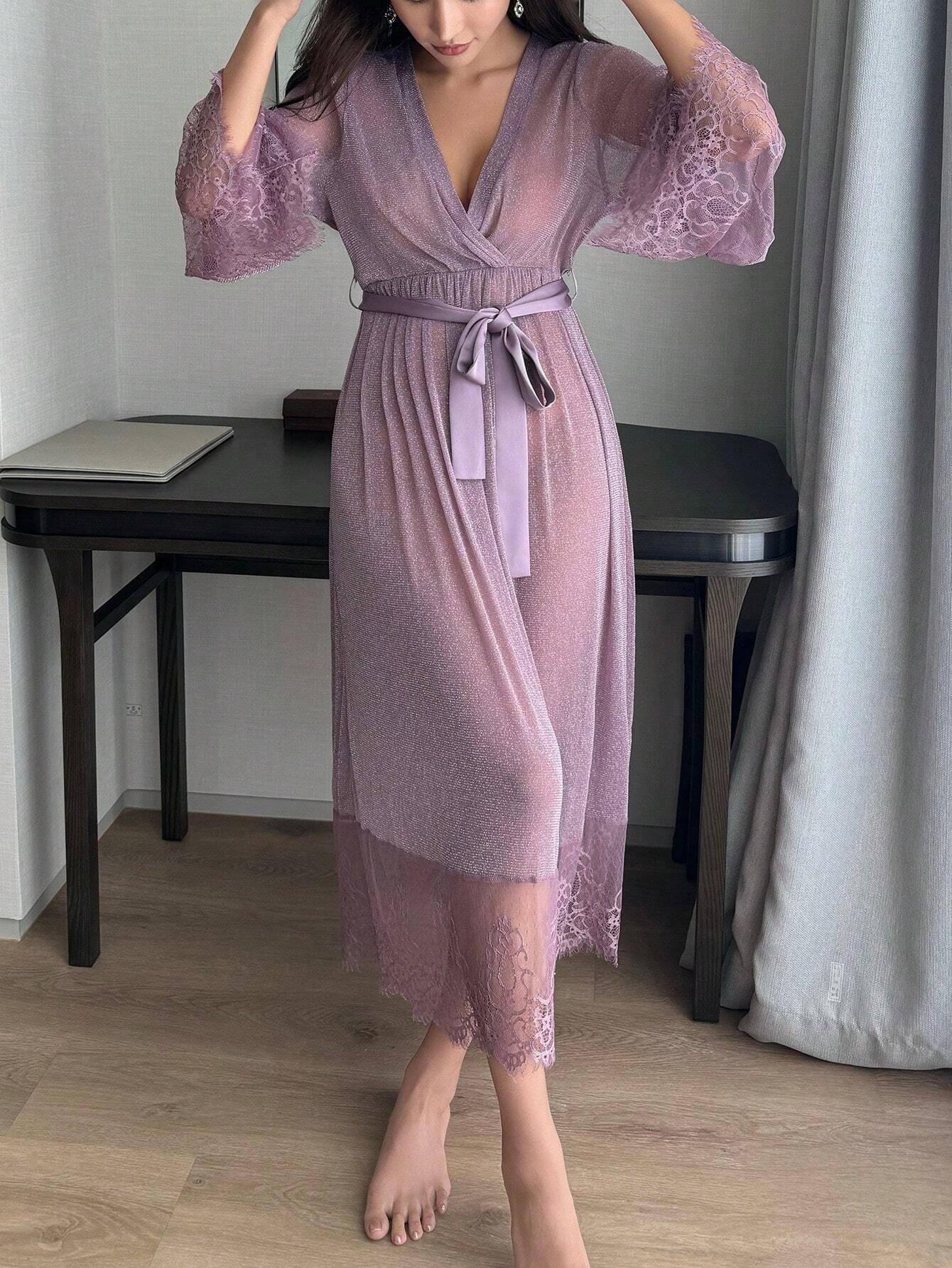 DAZY Sexy Lace Waist Cinching Nightgown With Sheer Luminous Material Patchwork