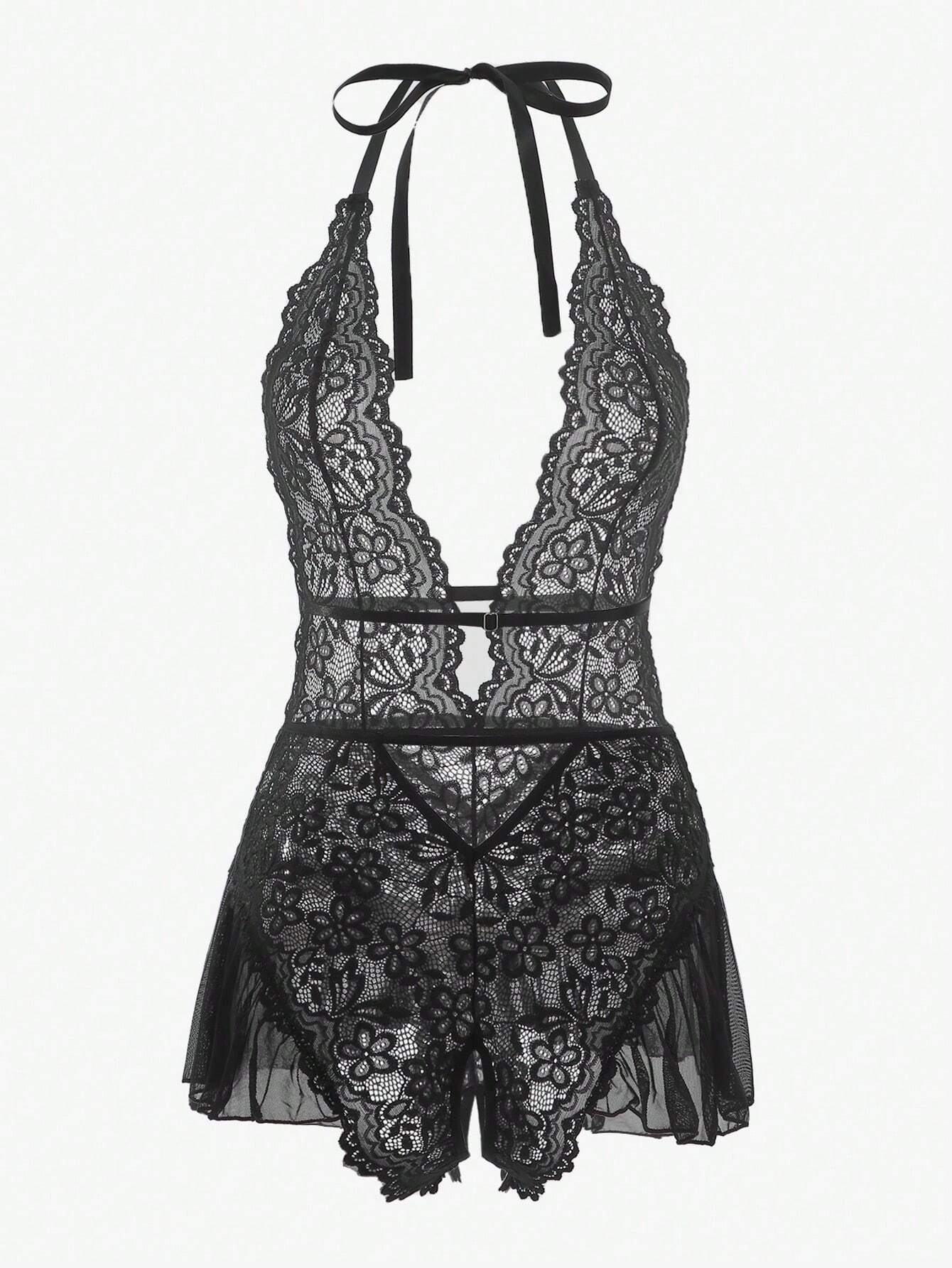 Floral Lace Scallop Trim Halter Teddy Bodysuit