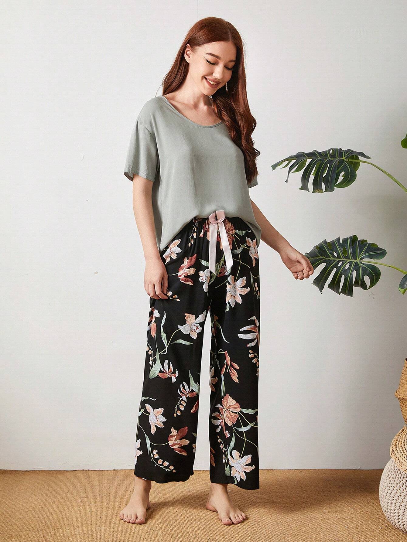 Floral Print Drop Shoulder PJ Set Multicolor