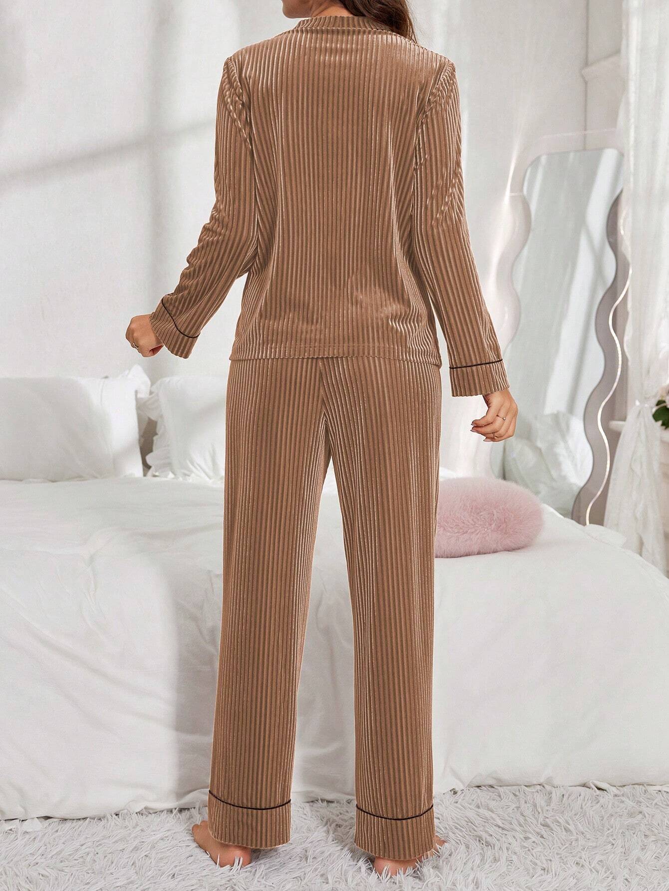 Women Velvet Button-Up Long Sleeve Pajama Set