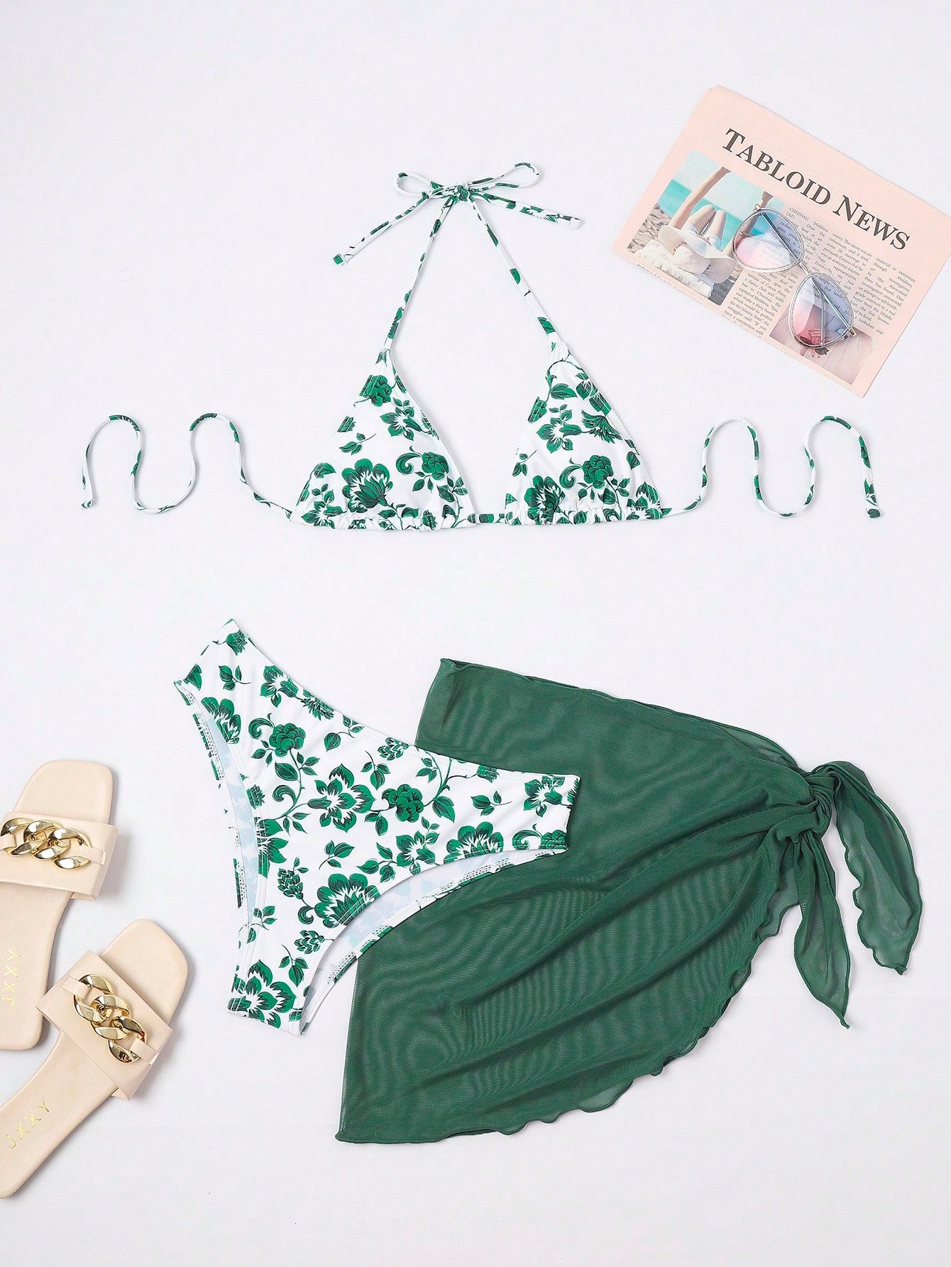 SHEIN Swim Mod Floral Print Halter Triangle Bikini Swimsuit With Beach Skirt