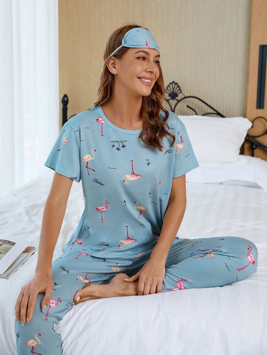 Flamingo Print PJ Set With Eye Cover