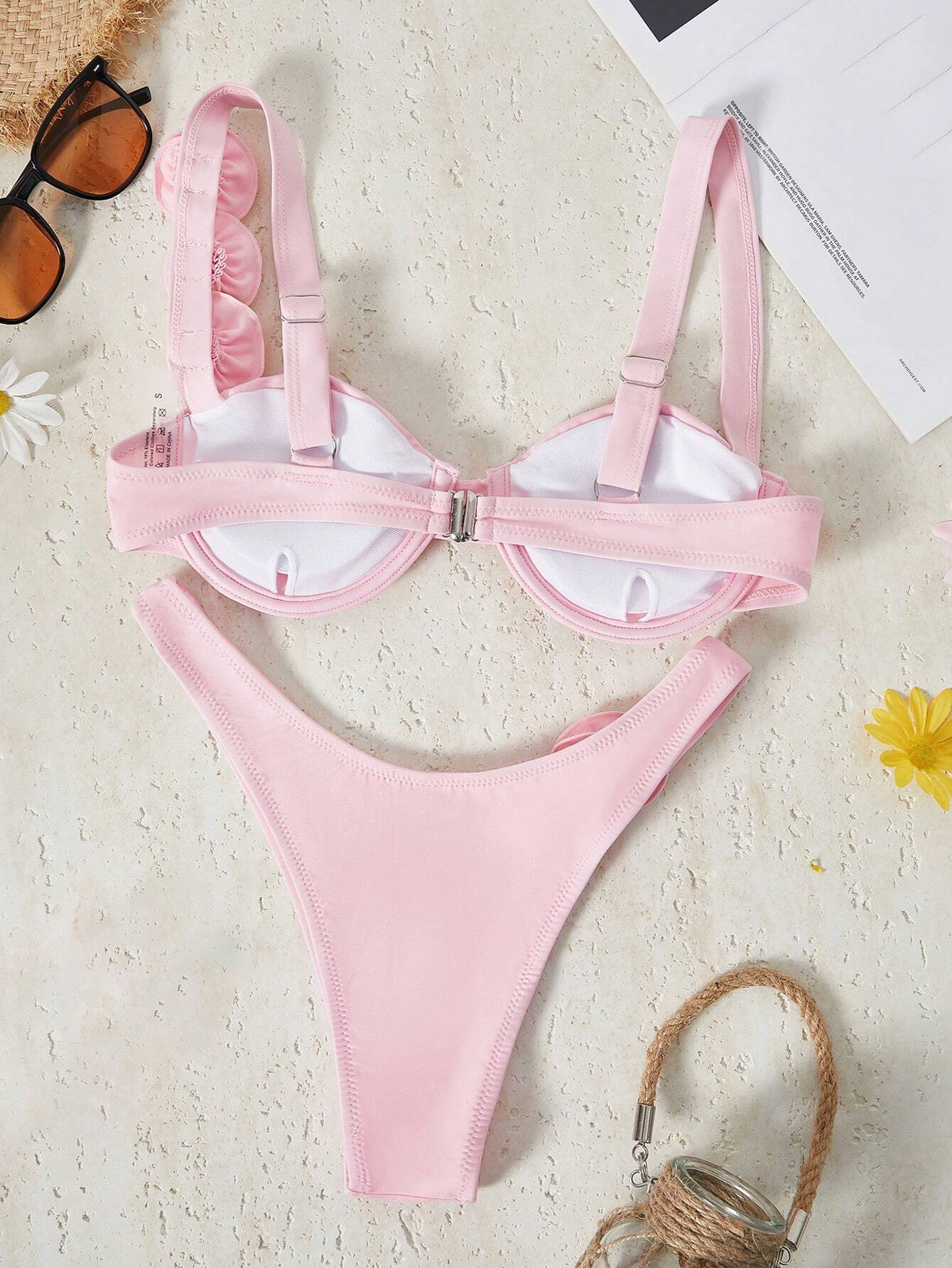 Bikinx Women's Solid Color Underwire Bikini Three-Dimensional Flower Sexy Split Bikini