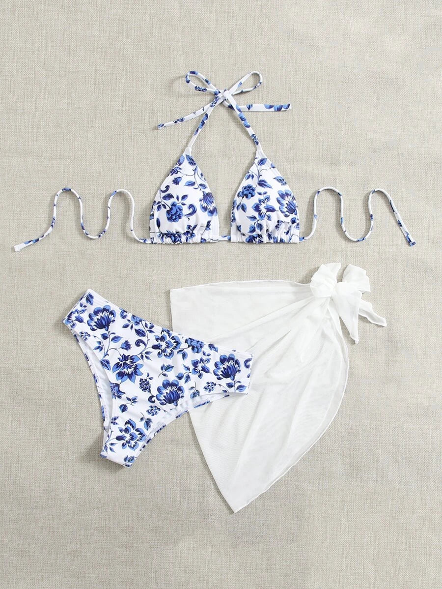 Floral Print Halter Triangle Bikini Swimsuit With Beach Skirt