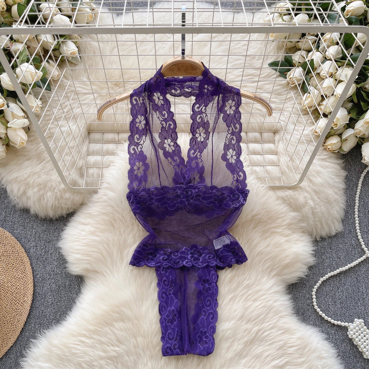 Women's See-through Sexy Lace Up Bow Spliced Strap Jumpsuit Hollow Out Erotic Lingerie Bodysuit Shapewear Backless purple