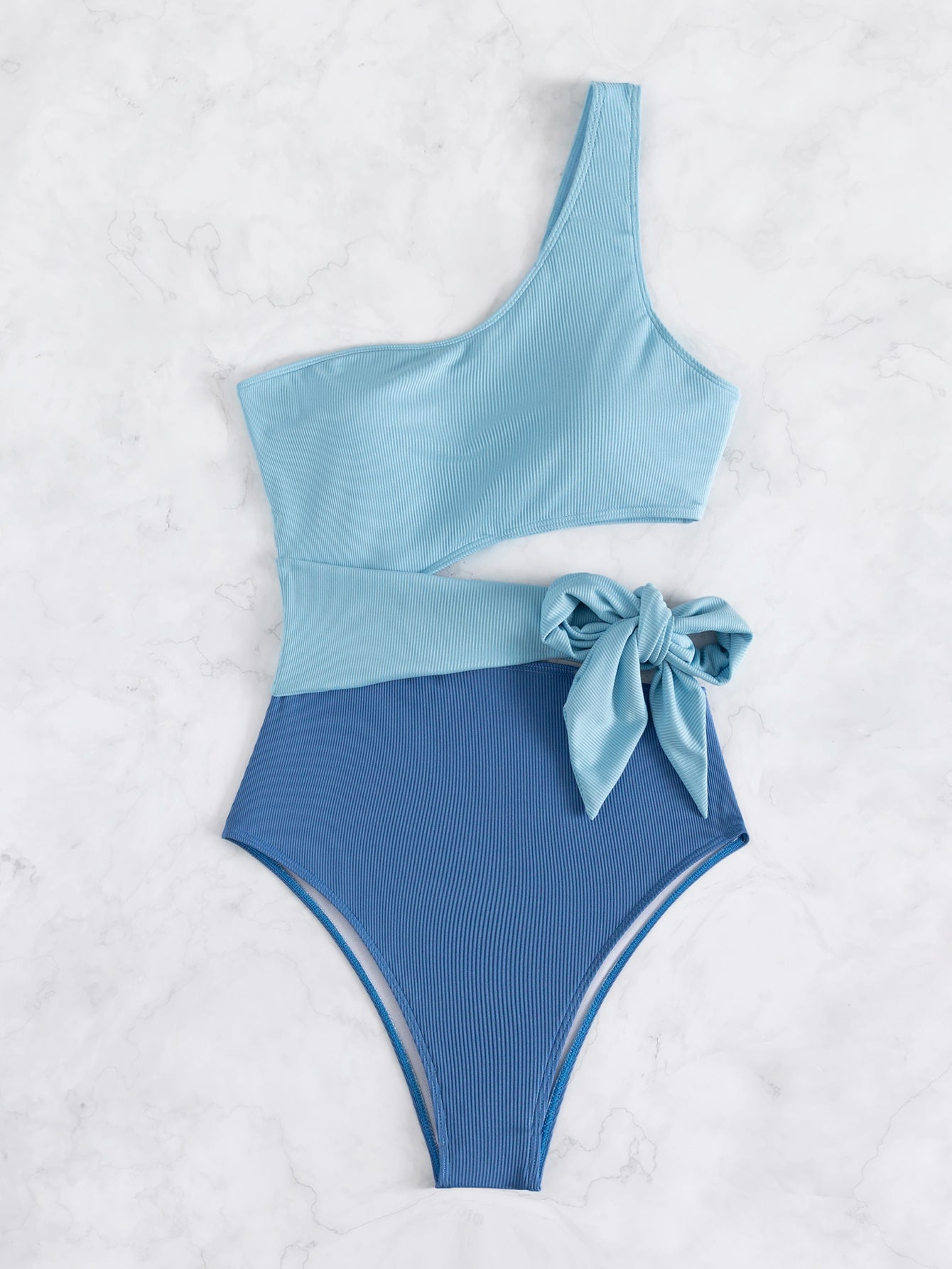 SHEIN Swim Vcay Two Tone Cut Out Knot Side One Shoulder One Piece Swimsuit