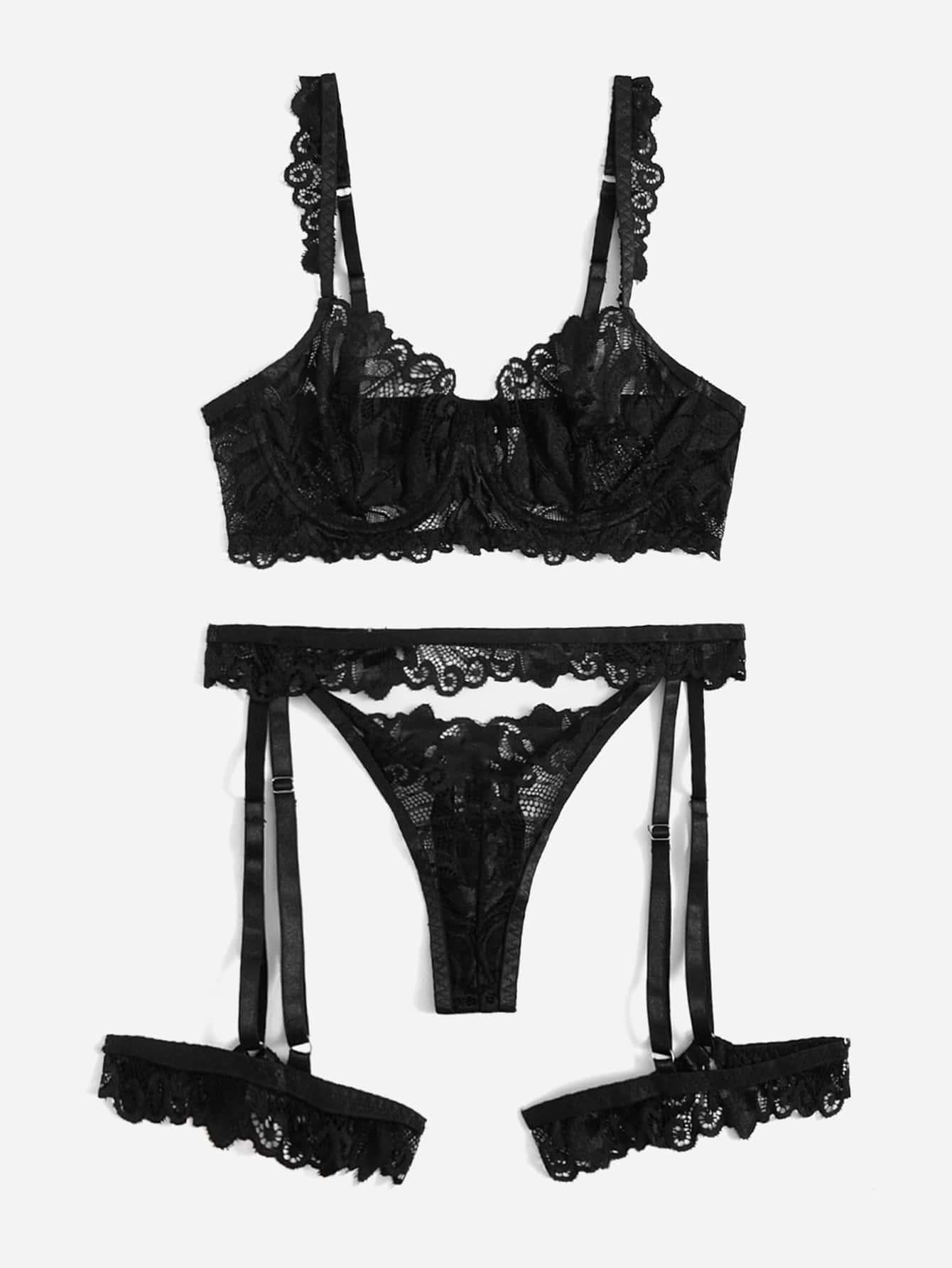 3pack Lace Garter Underwire Lingerie Set