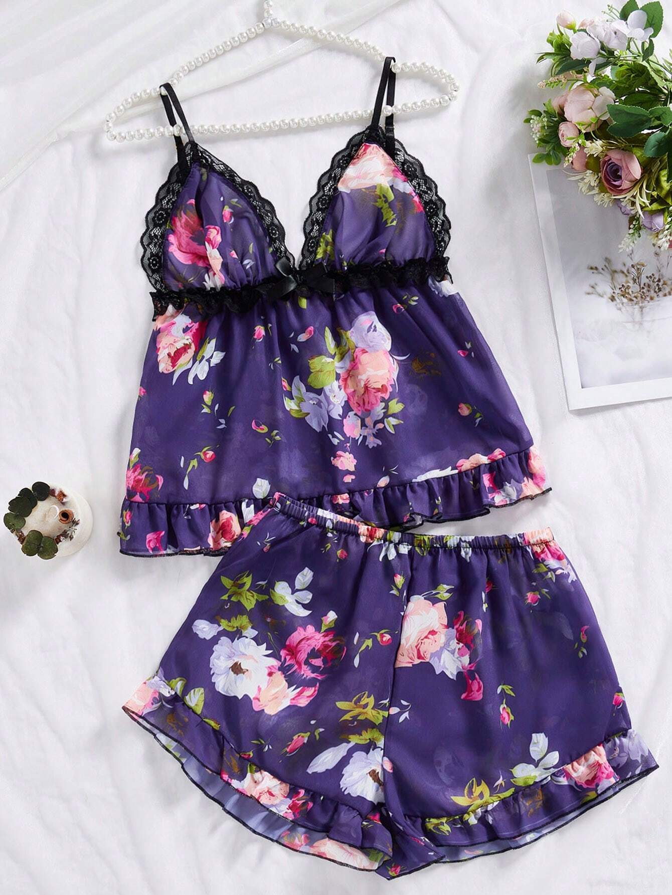 Floral Print Contrast Lace Bow Front Ruffle Hem PJ Set
