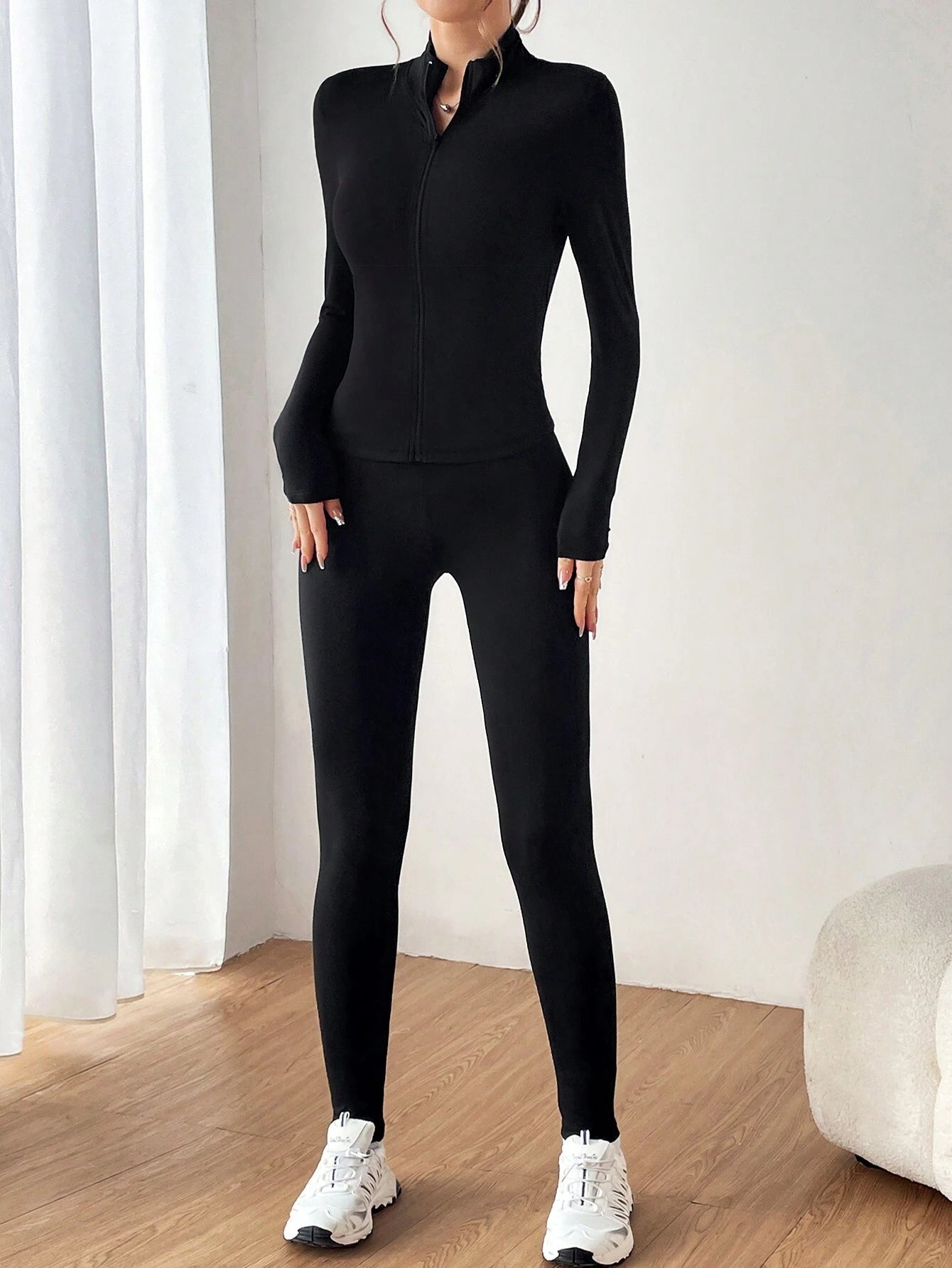 EZwear Ladies' Zipper Half Placket Long Sleeve T-Shirt And Leggings Set