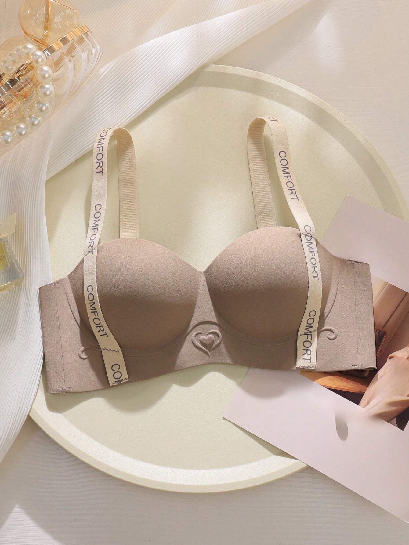 White Push-Up Padded Brassiere With Letters Straps, Wireless Thick Cup Sexy Bras