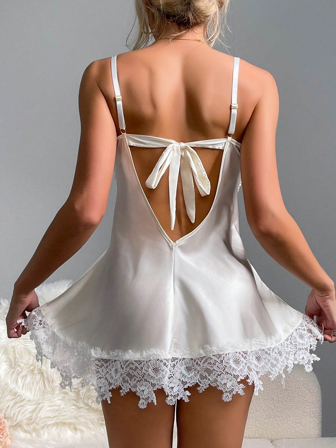 Contrast Lace Tie Backless Satin Babydoll Sexy Lingerie Dress