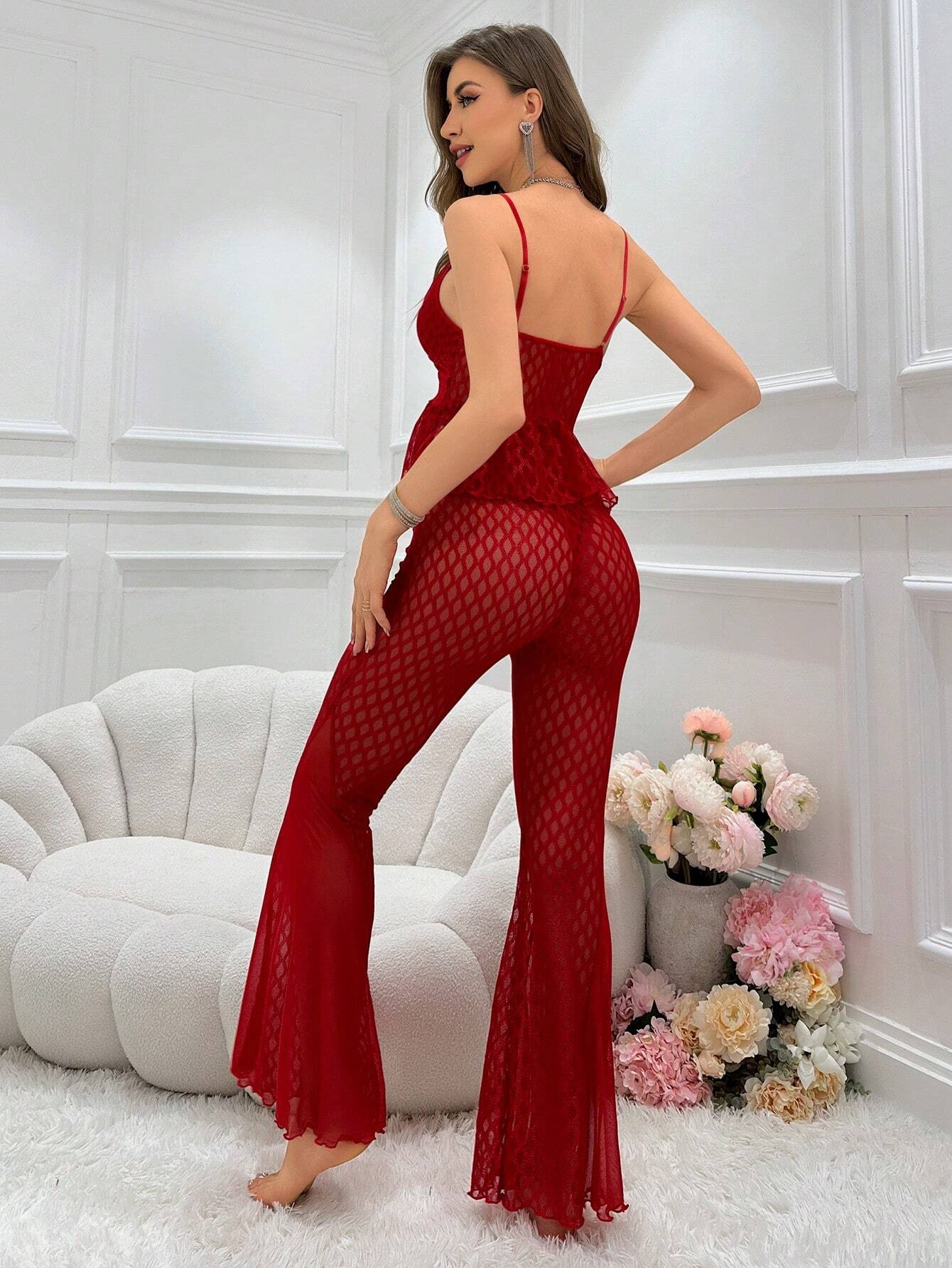 Women'S Sheer Mesh Cami Top And Bell Bottom Pants Pajama Set