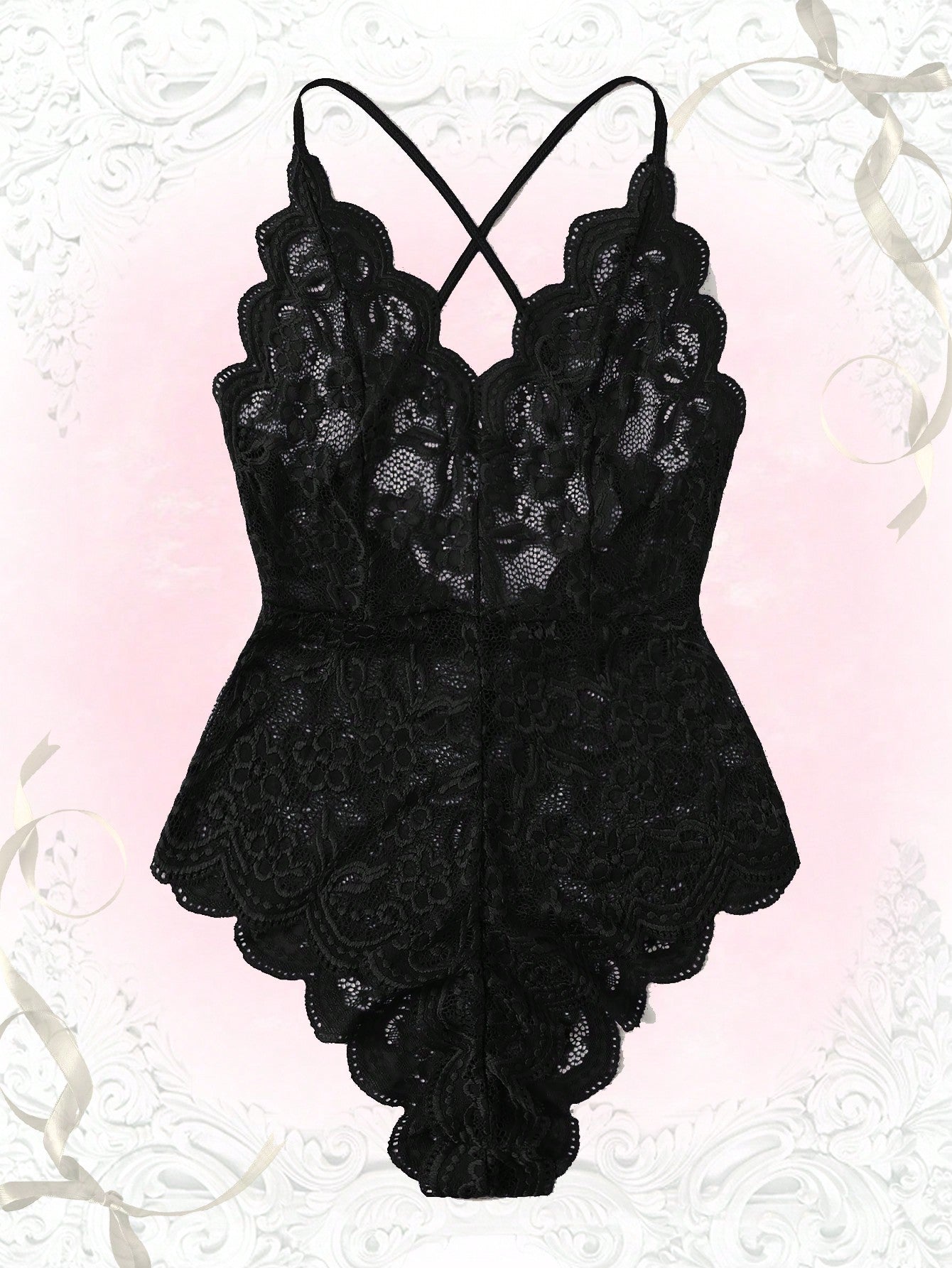 Scallop Floral Lace Teddy Bodysuit Black