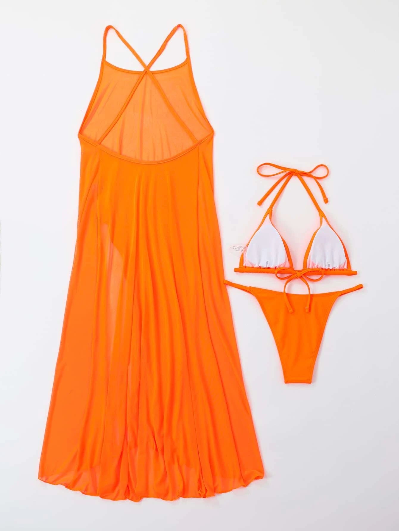 Plain Halter Triangle Bikini Swimsuit With Cover Up