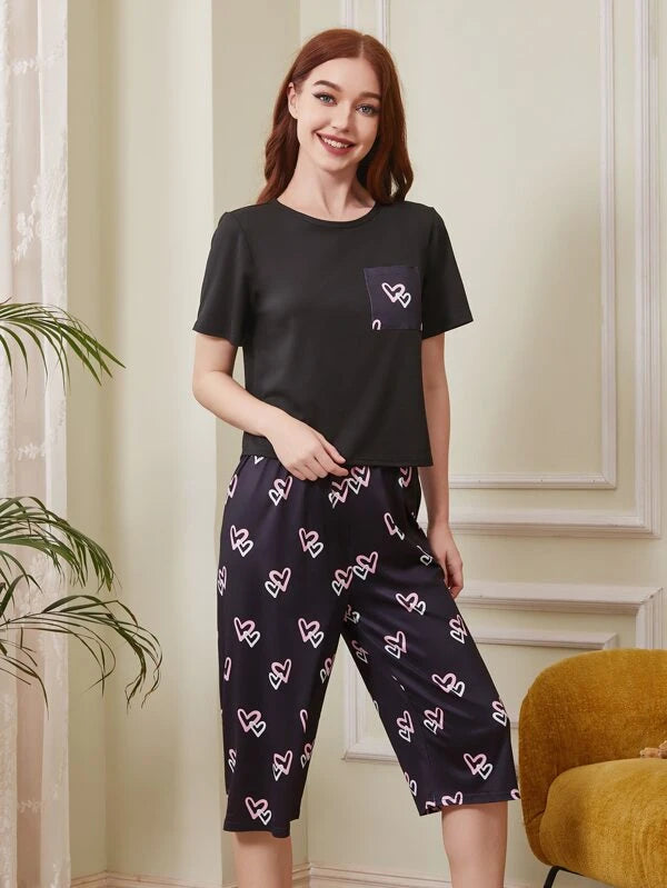 Heart Print Pocket Patched PJ Set