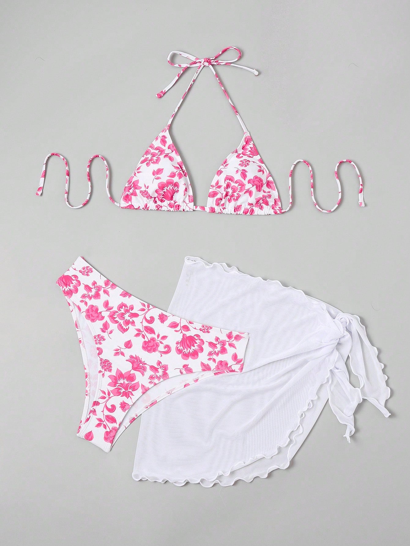 SHEIN Swim Mod Floral Print Halter Triangle Bikini Swimsuit With Beach Skirt