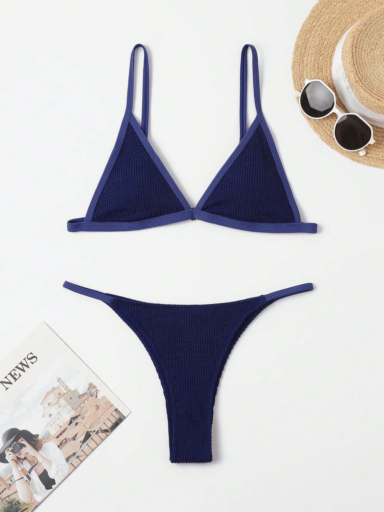 Contrast Binding Triangle Thong Bikini Swimsuit