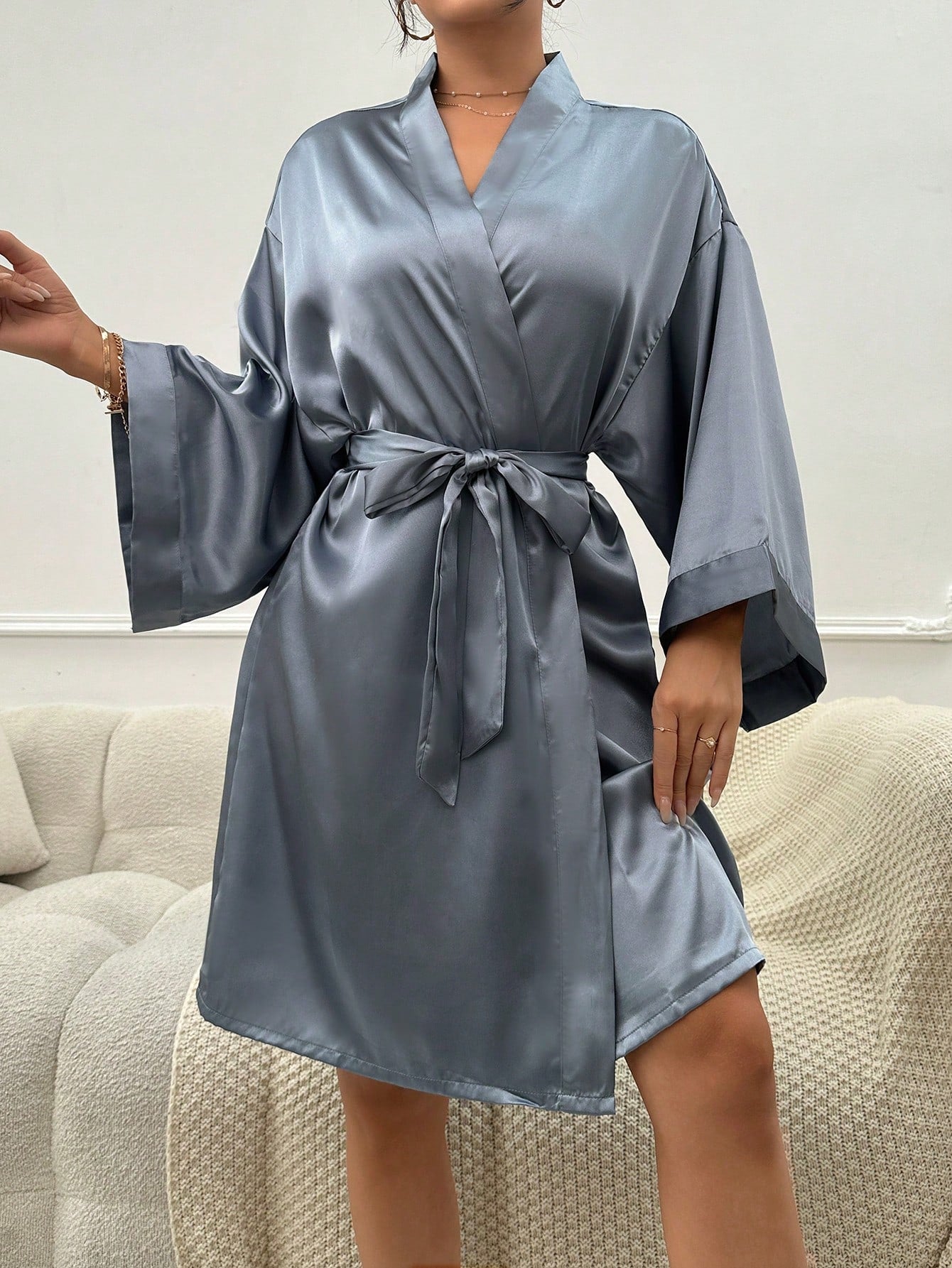 Lip Print Belted Satin Robe