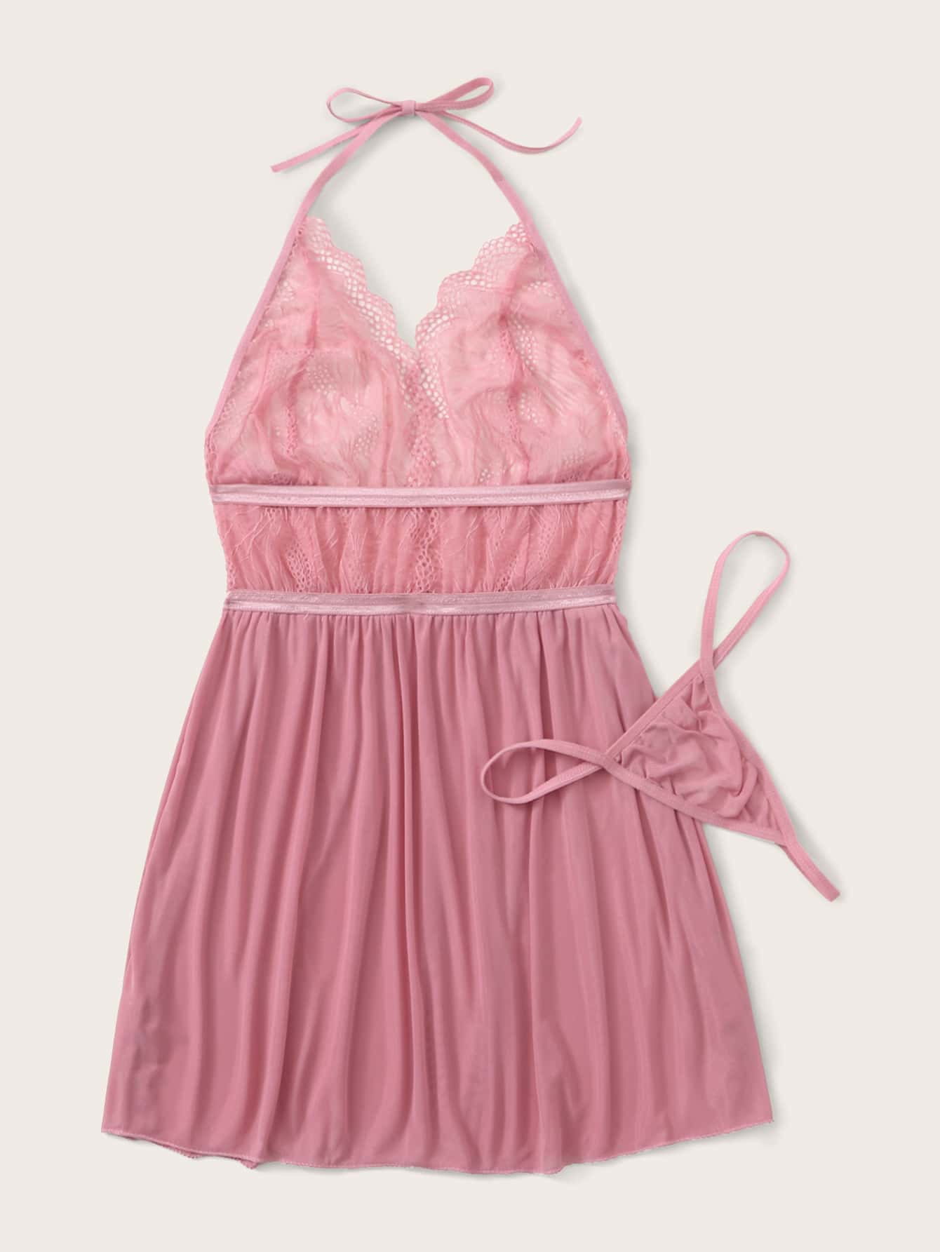 Contrast Lace Mesh Halter Slips With Thong