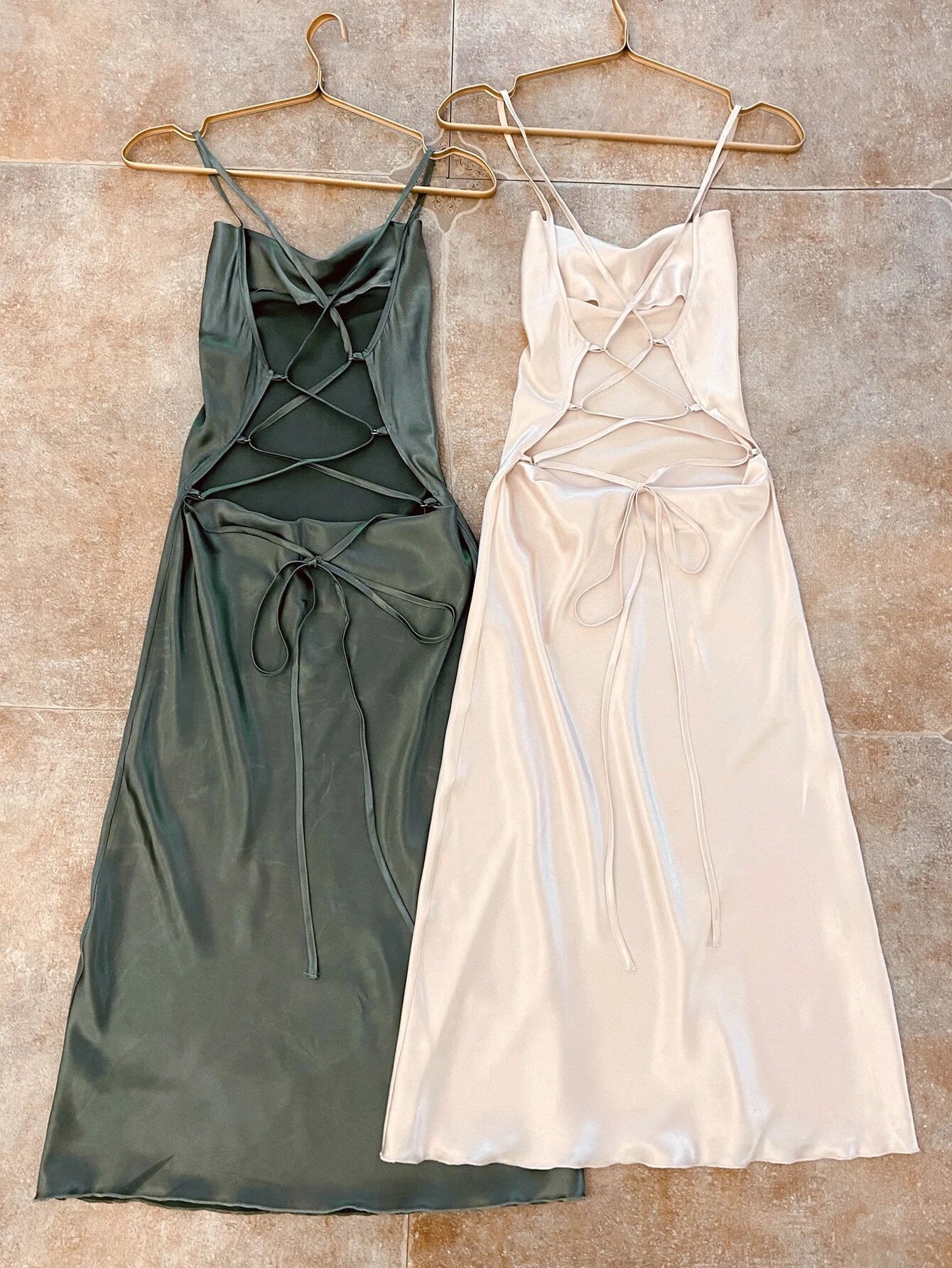 2pcs Lace Up Backless Satin Sleep Dress Pajama Dress