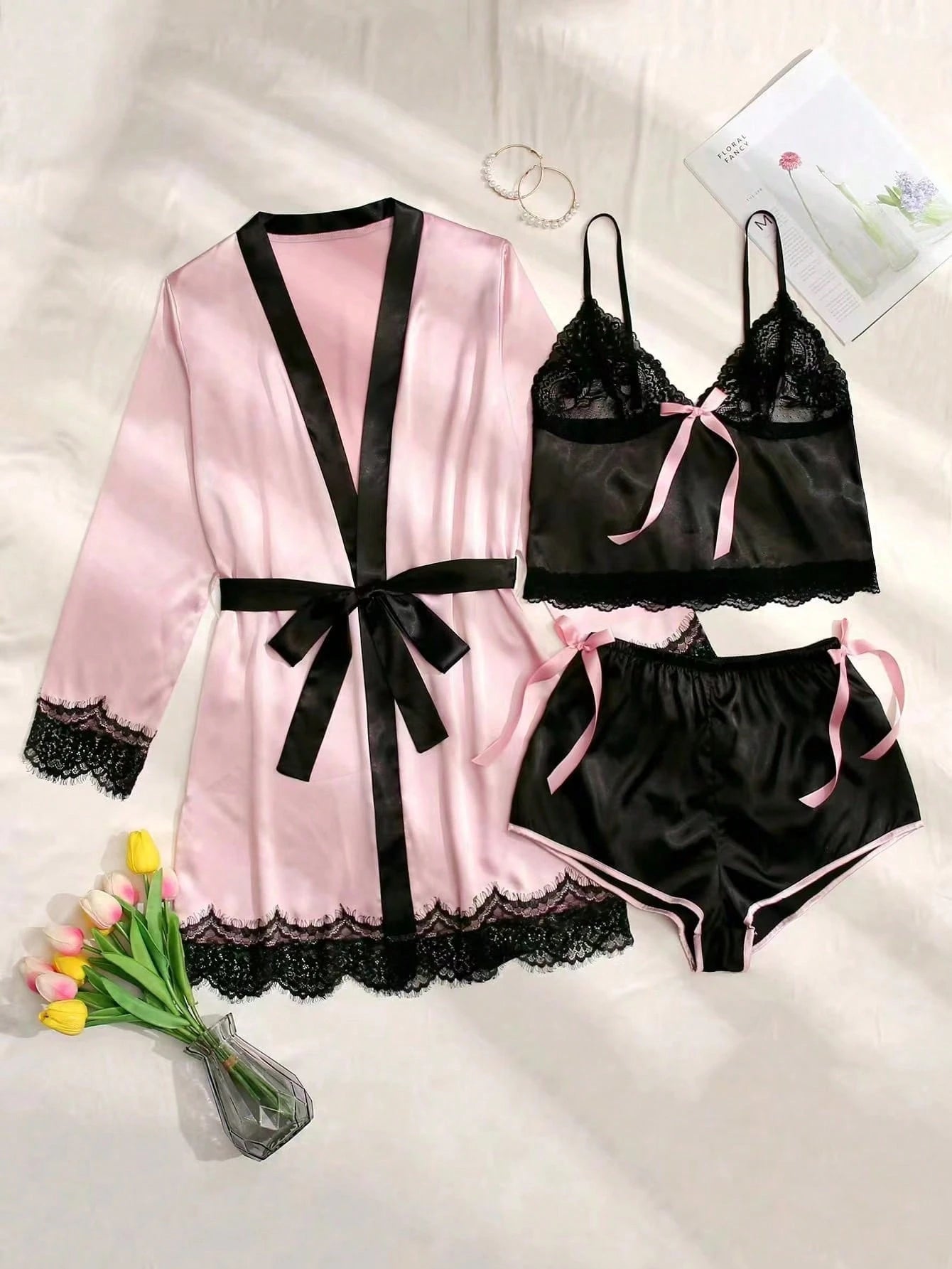 3pcs Lace Panel Bow Front Contrast Trim Belted PJ Set
