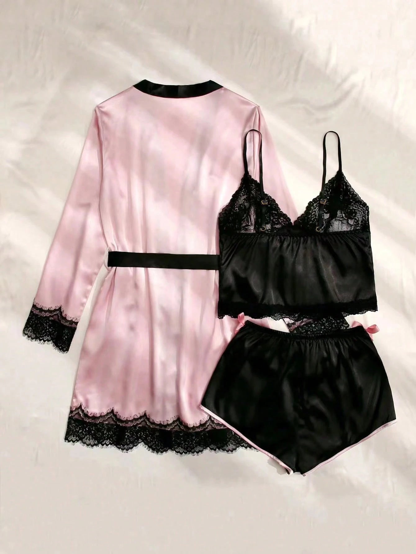 3pcs Lace Panel Bow Front Contrast Trim Belted PJ Set