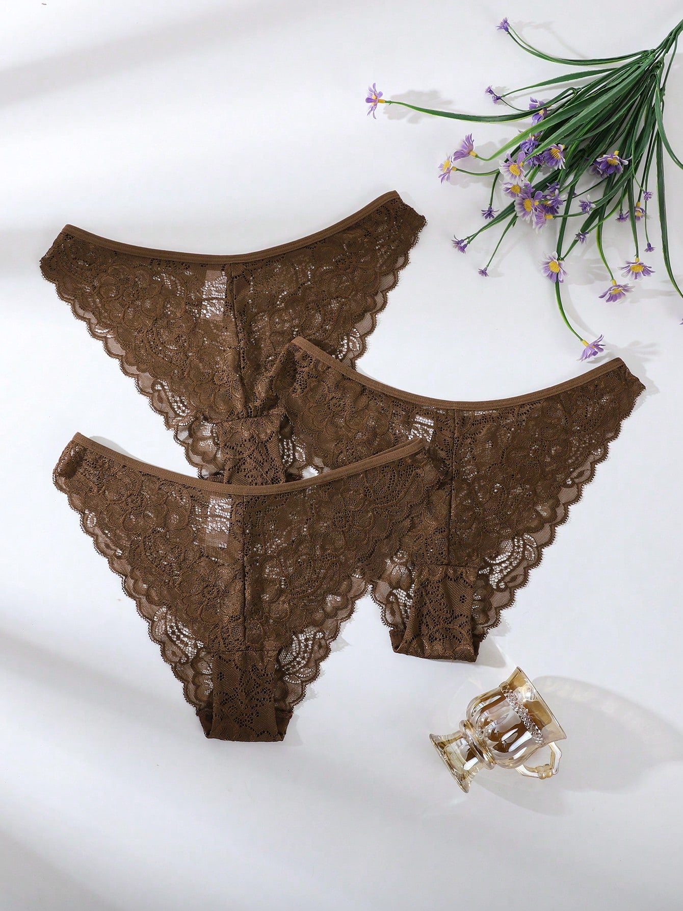 3pcs/Set Minimalist Romantic Lace Women's Bikini Briefs Coffee Brown