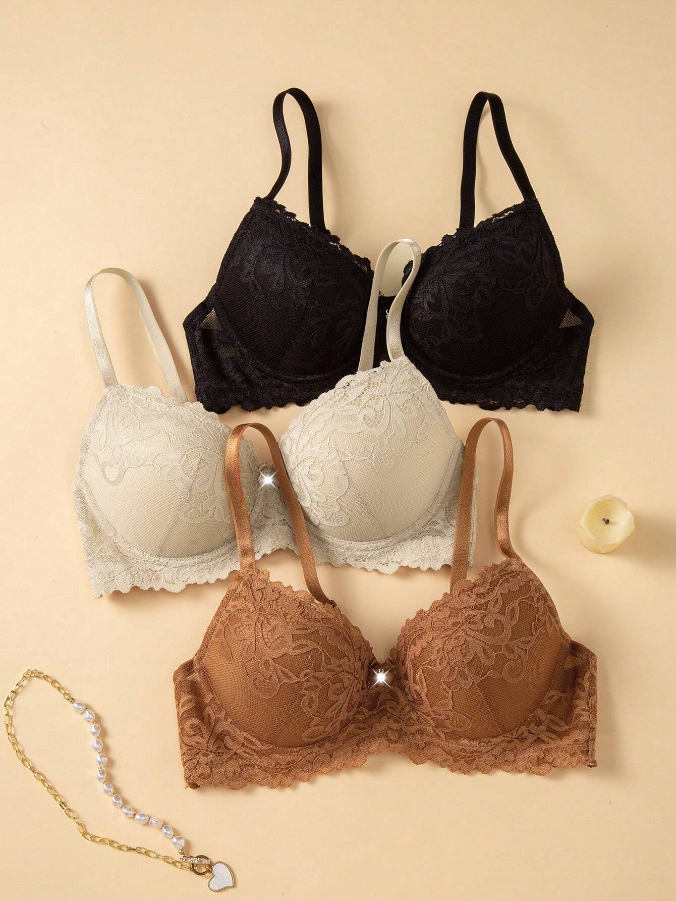 3pcs/Set Ladies' Lace Patchwork Bra With Underwire Lingerie
