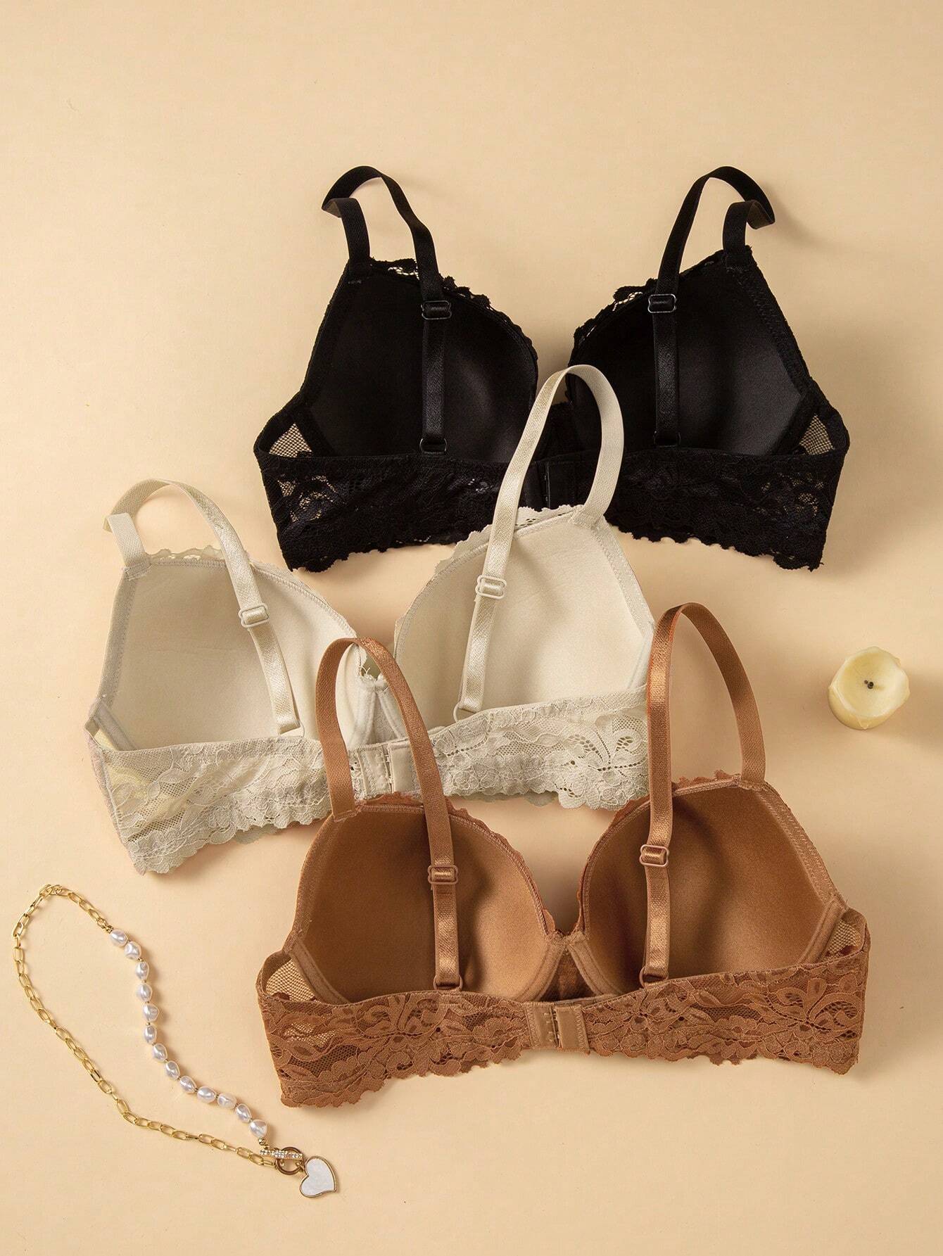 3pcs/Set Ladies' Lace Patchwork Bra With Underwire Lingerie