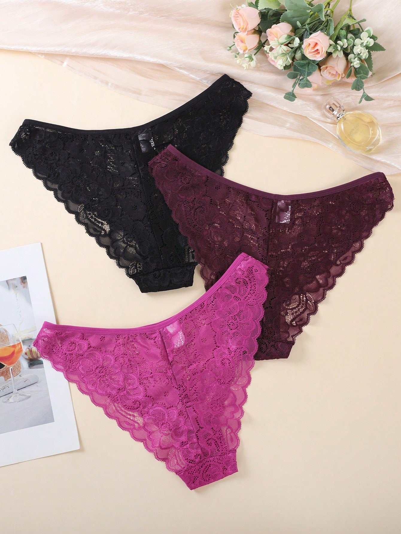 3pcs/Set Minimalist Romantic Lace Women's Bikini Briefs