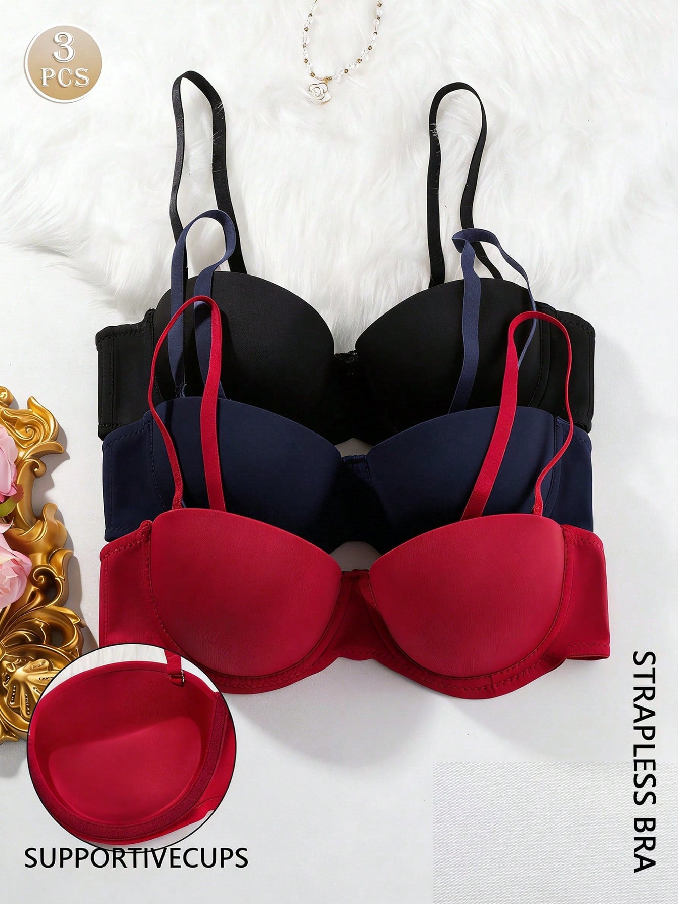 3pcs/Set Solid Color Comfortable Supportive Underwire Bras