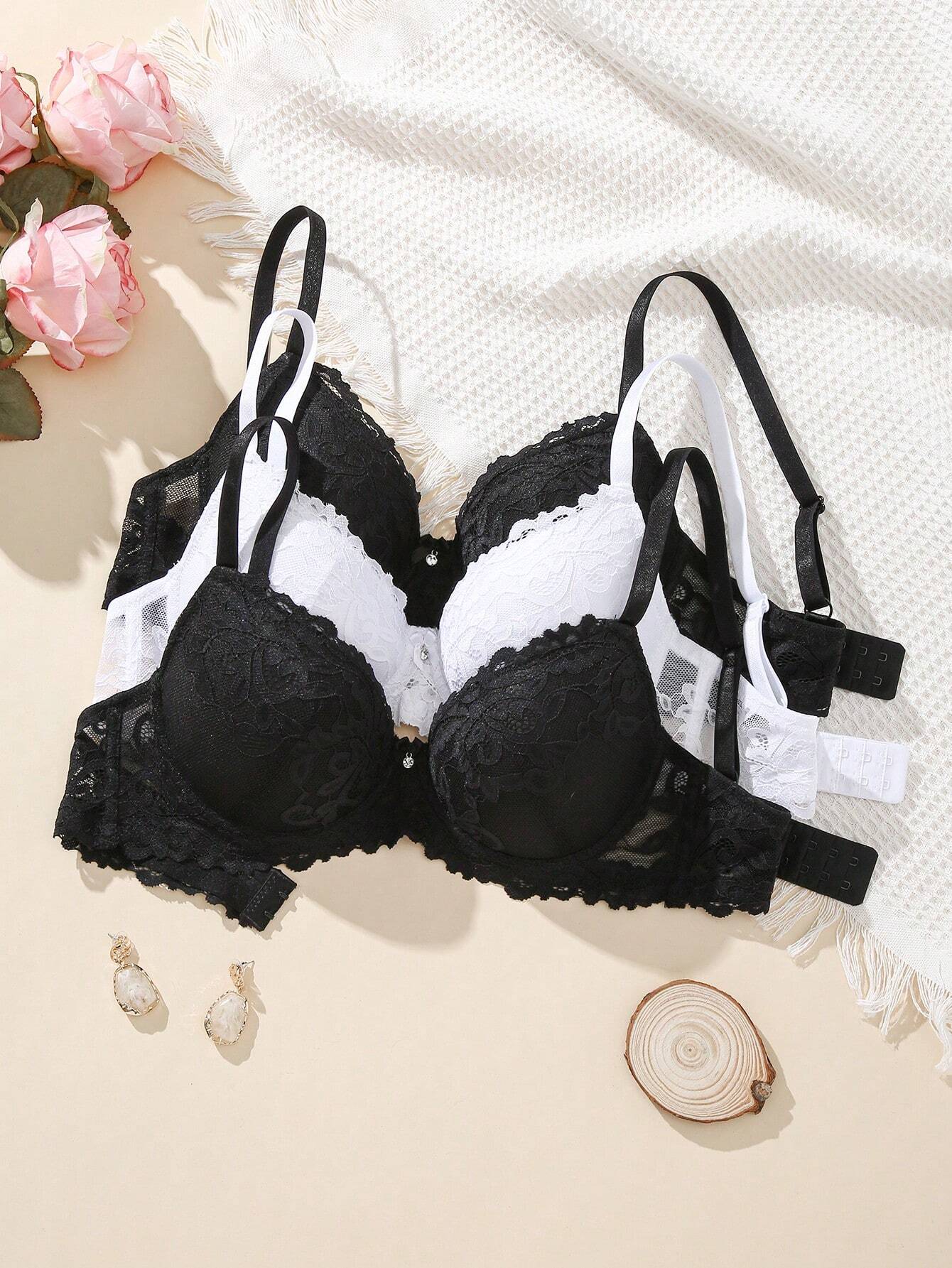 3pcs/Set Ladies' Lace Patchwork Bra With Underwire Lingerie