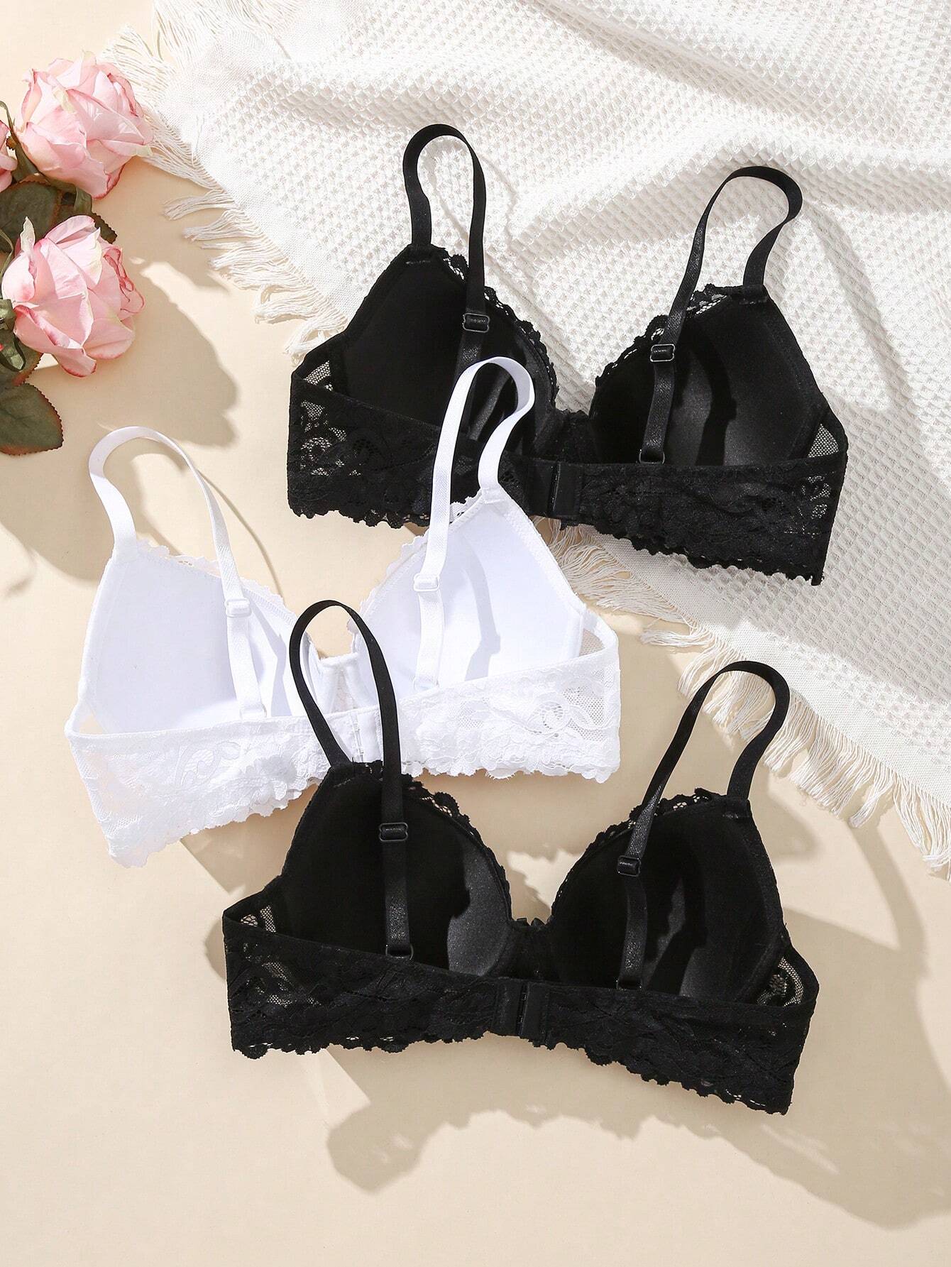 3pcs/Set Ladies' Lace Patchwork Bra With Underwire Lingerie