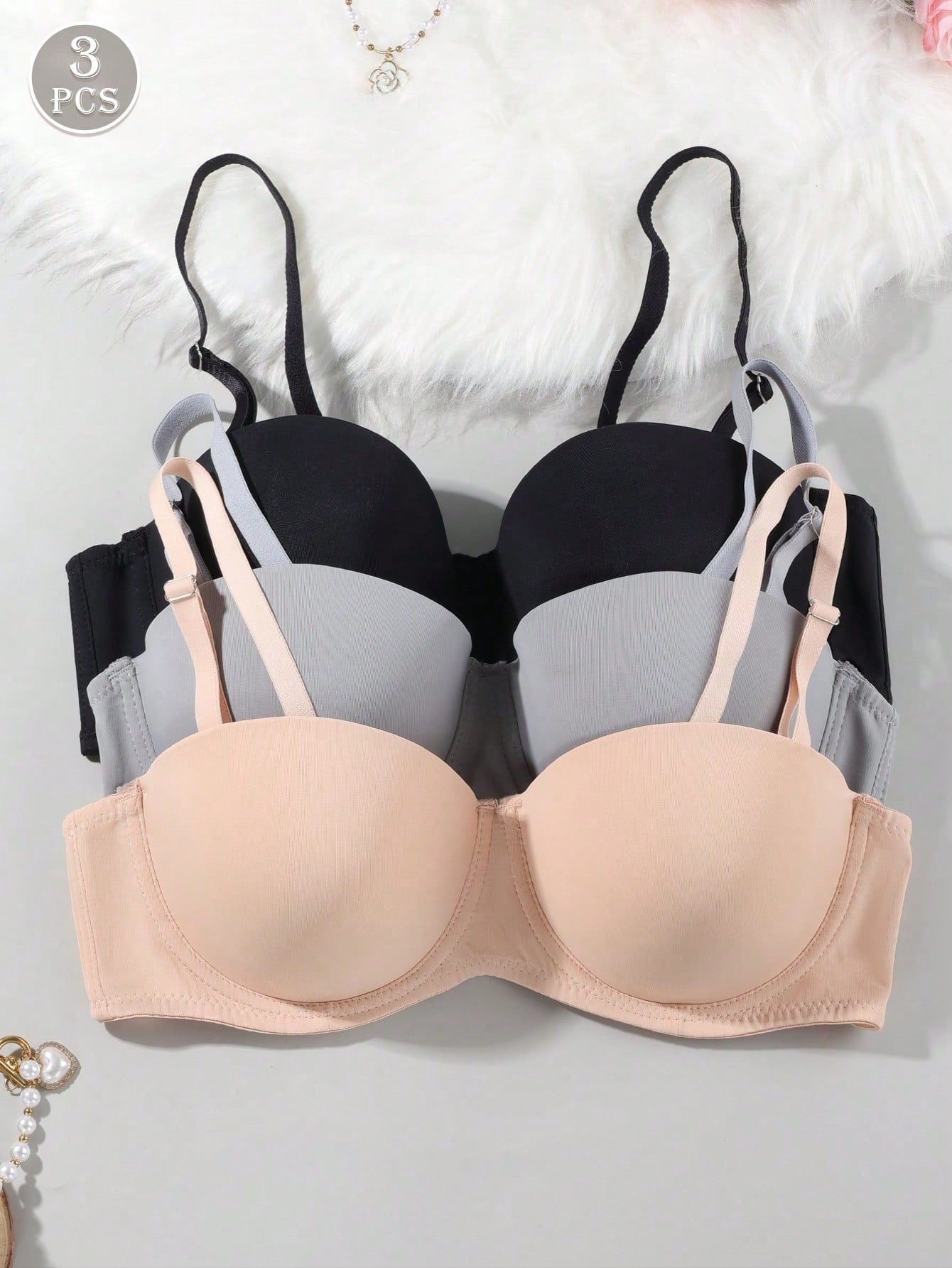3pcs/Set Solid Color Comfortable Supportive Underwire Bras