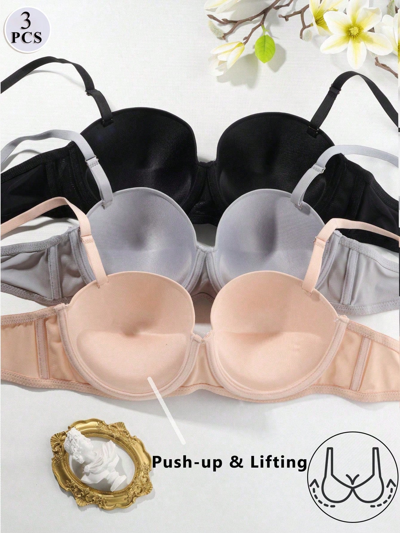 3pcs/Set Solid Color Comfortable Supportive Underwire Bras