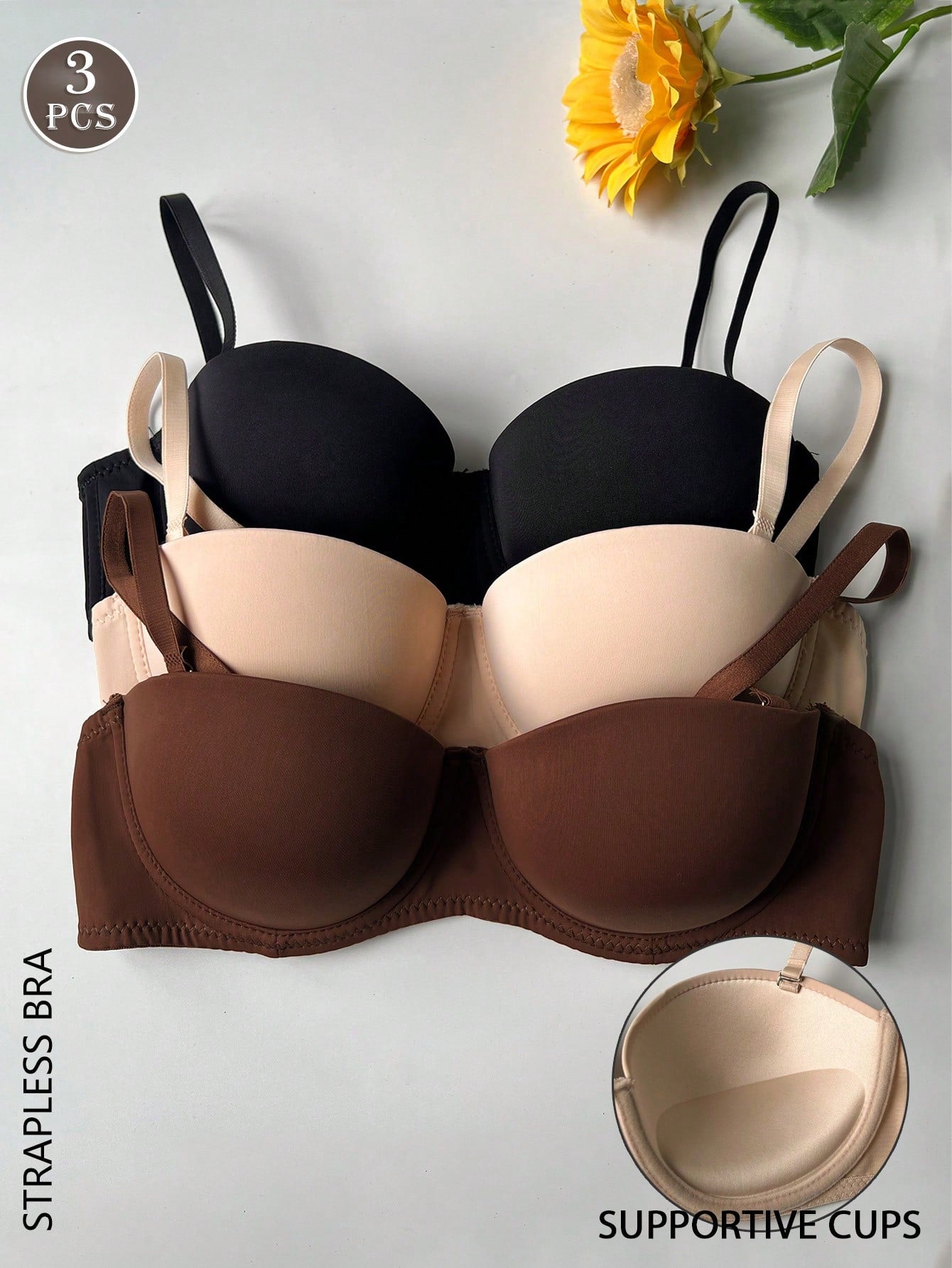 3pcs/Set Solid Color Comfortable Supportive Underwire Bras