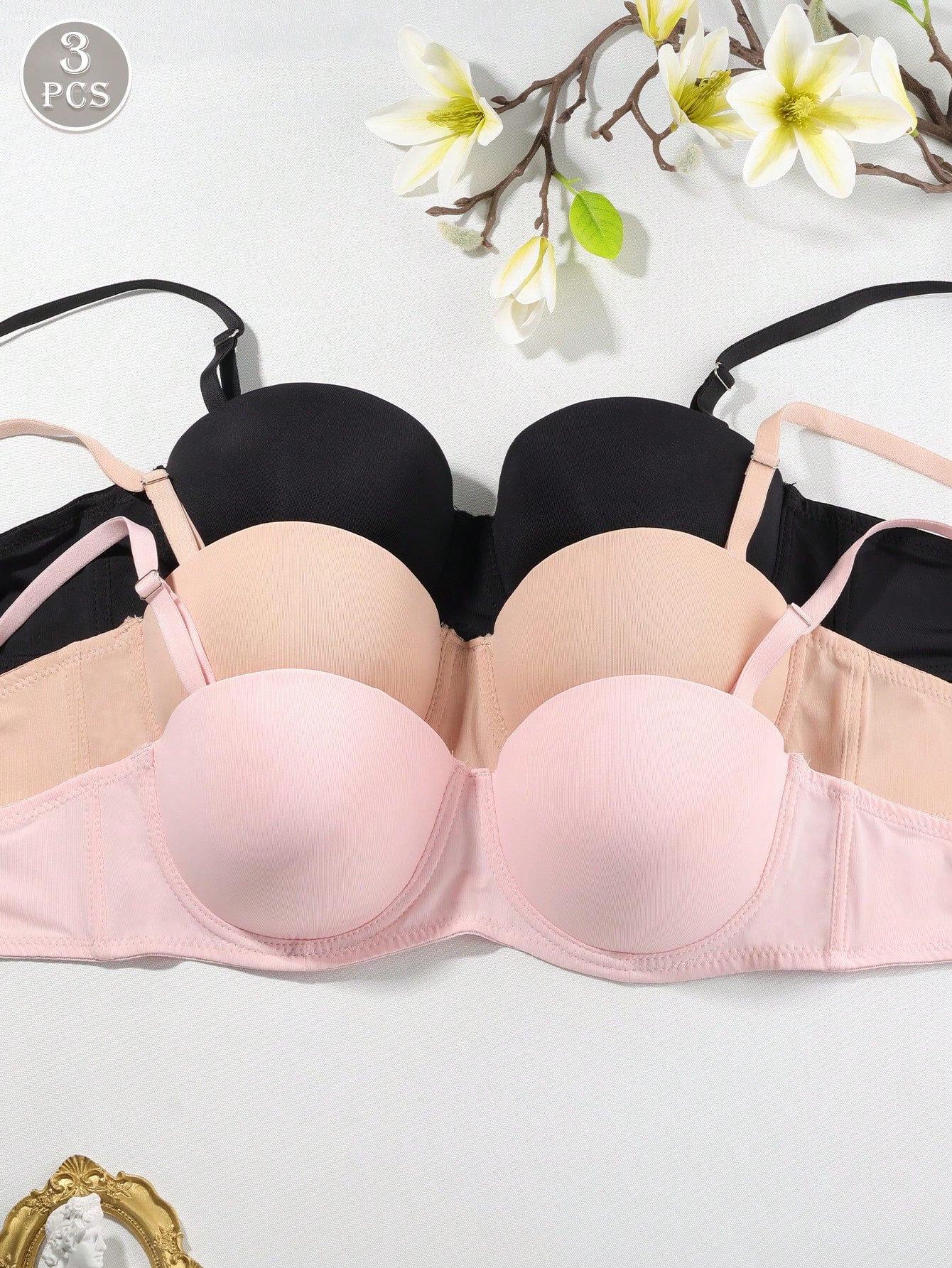 3pcs/Set Solid Color Comfortable Supportive Underwire Bras