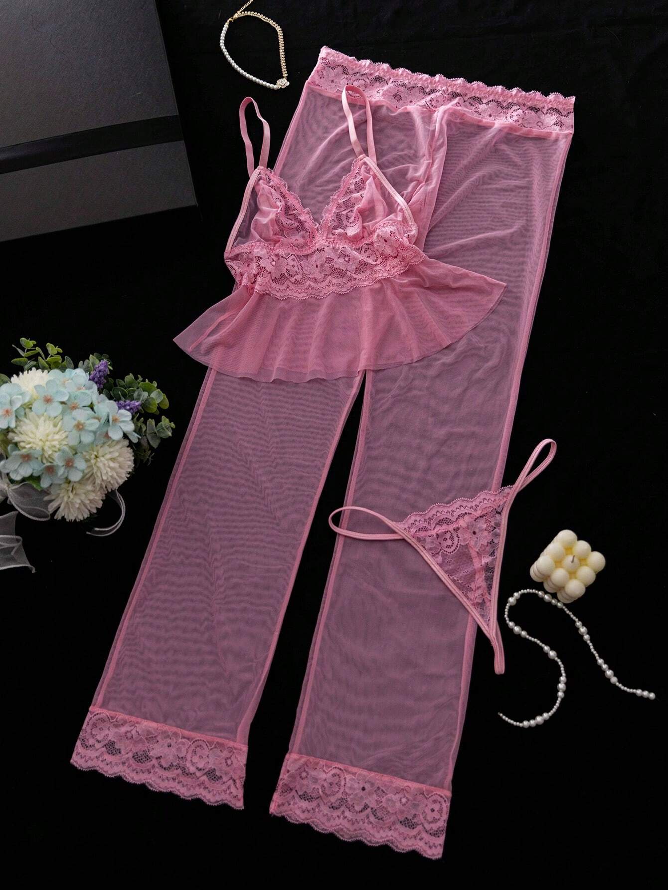 3pcs Women Sexy Lace Patchwork Lingerie Set