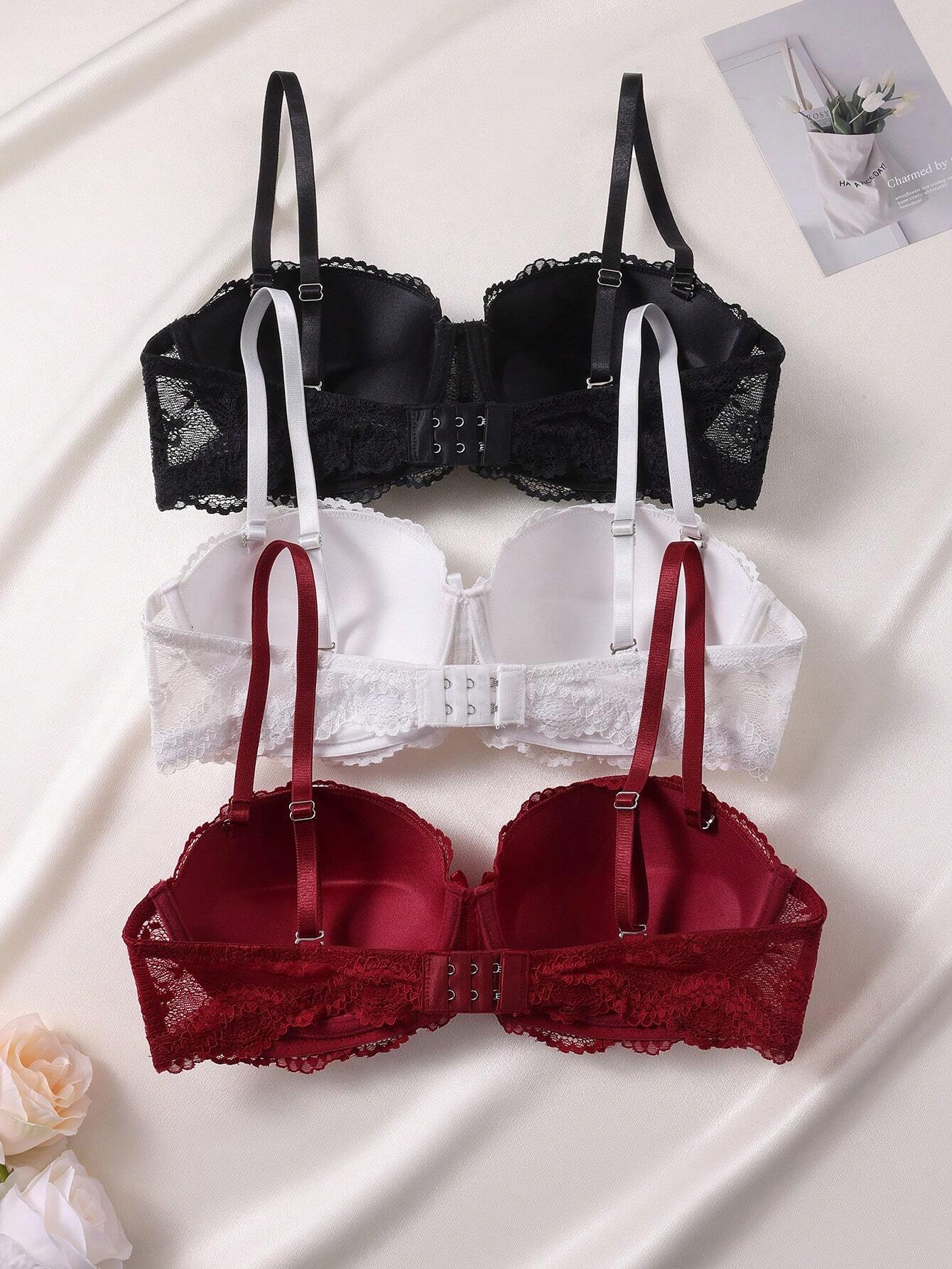 Women Lace Trim Wire-Free Push Up Bra With Non-Removable Pads