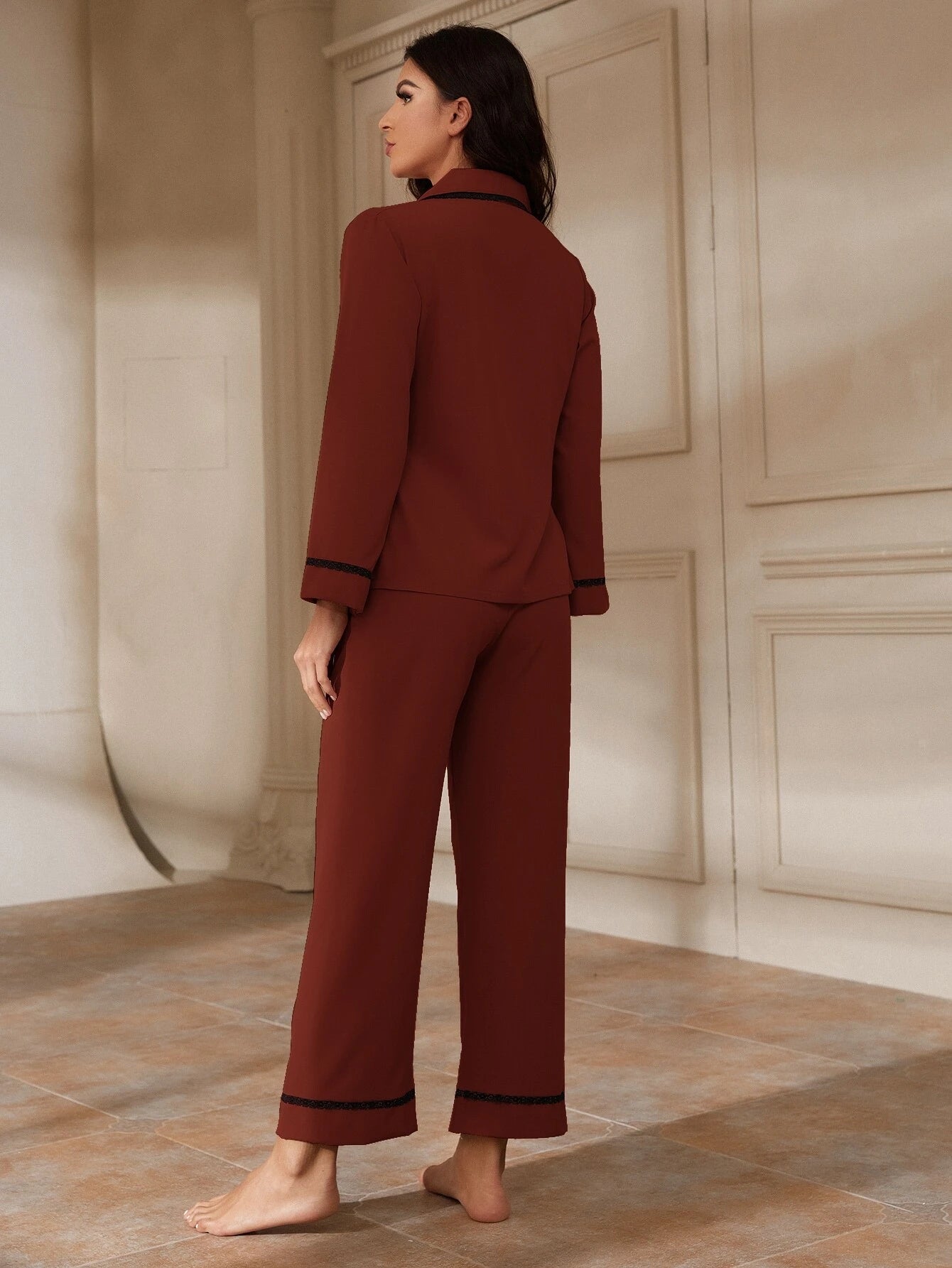 Lace Trim Pocket Front PJ Set / Pajama Set