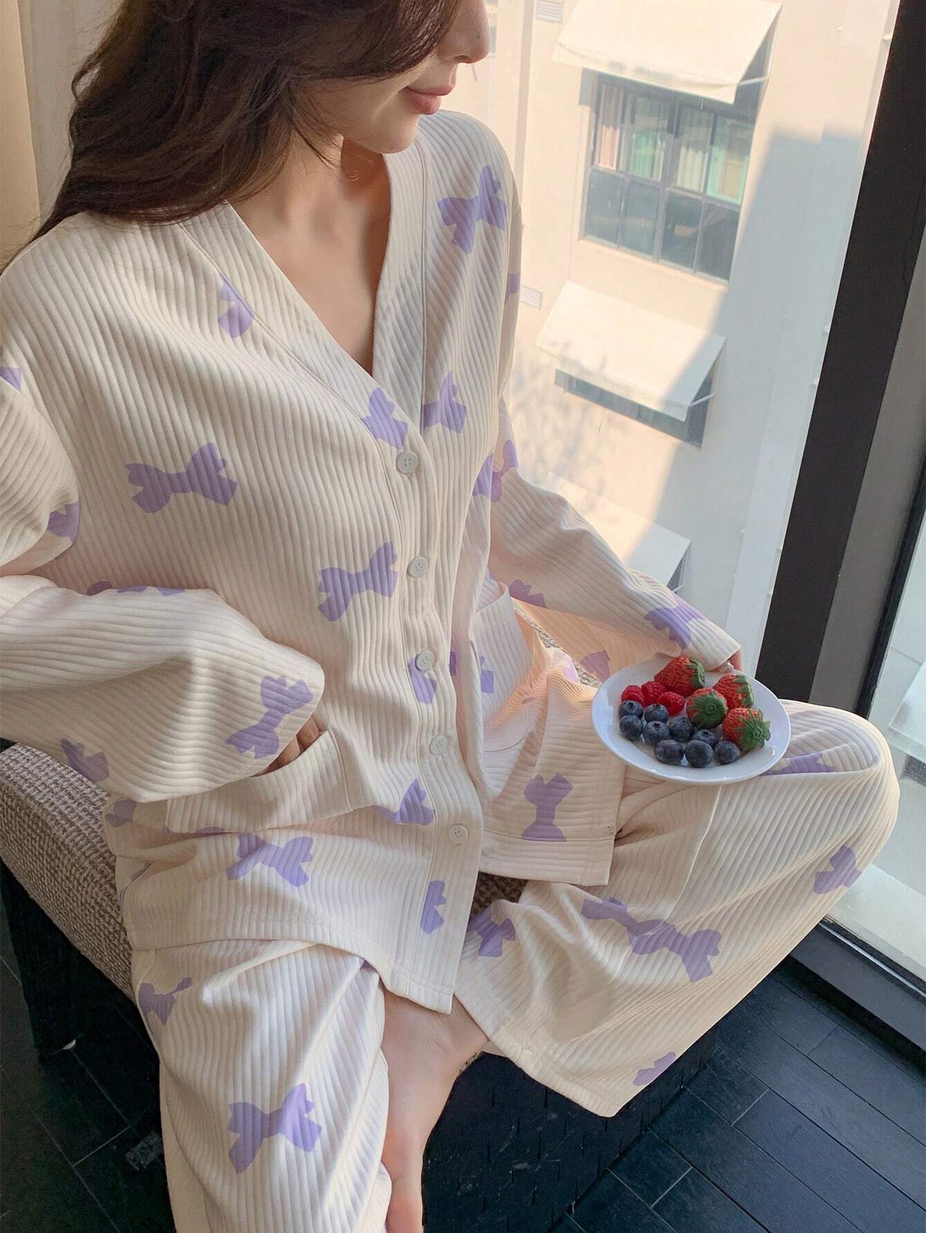 DAZY Winter Striped Textured Cute Bow Pattern Print Cardigan Pajamas Set purple