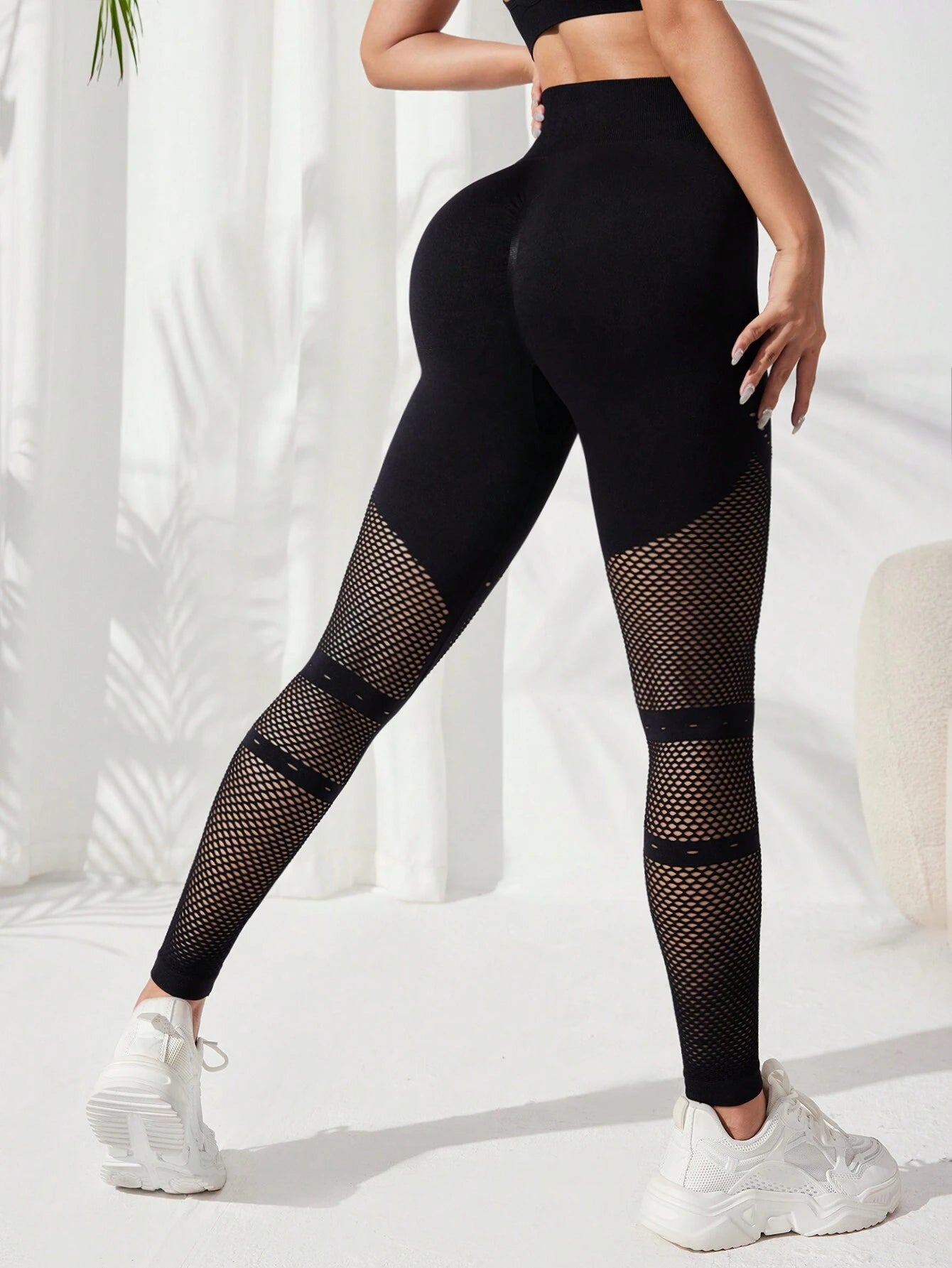 Seamless High Waist Splicing Fishnet &amp; Wide Waistband Sports Leggings