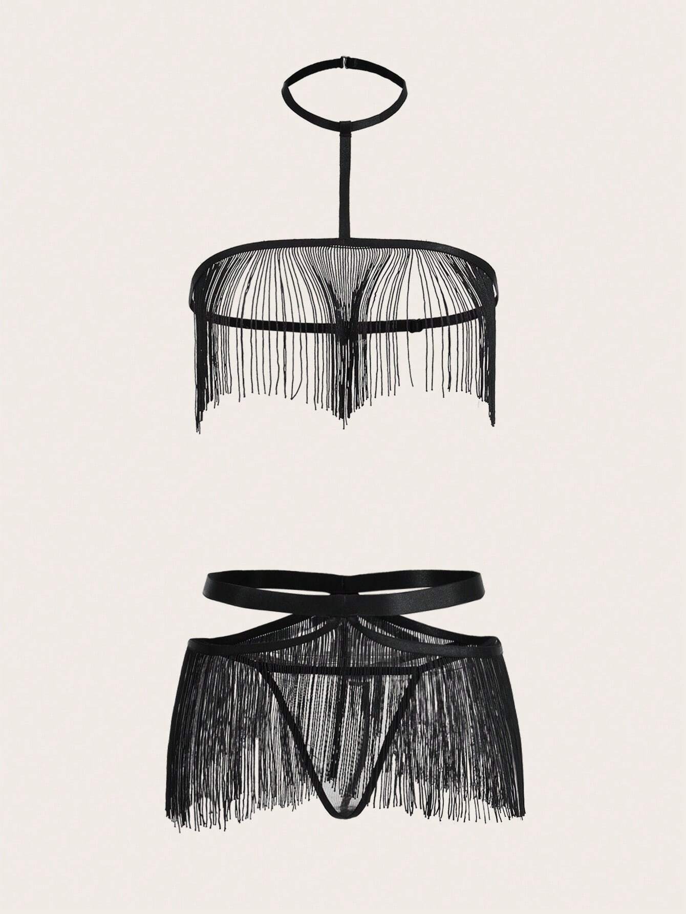 Fringe Hem Lingerie Set Black