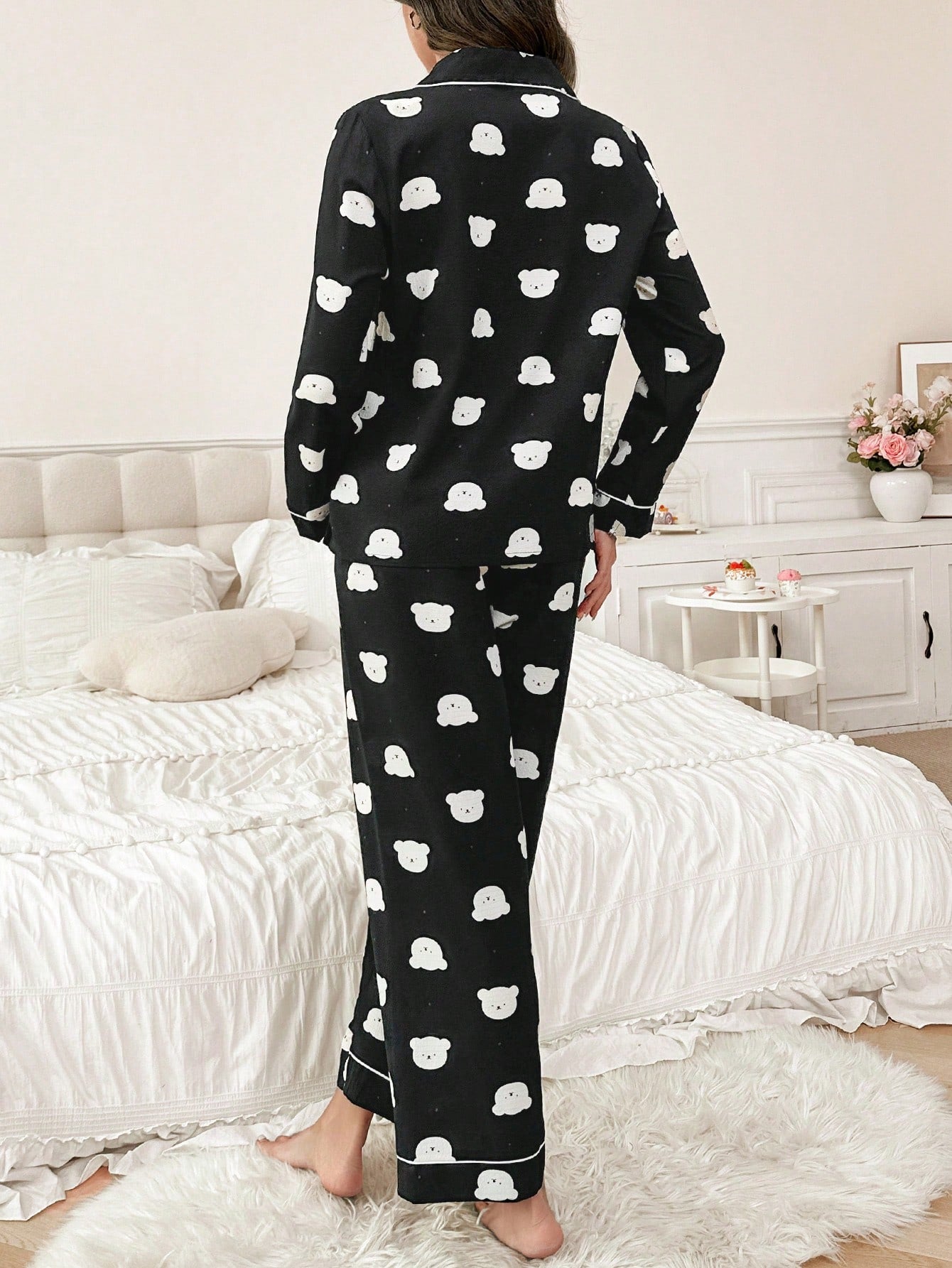 CoupledUp Women's Bear Printed Long Sleeve Long Pants Pajama Set