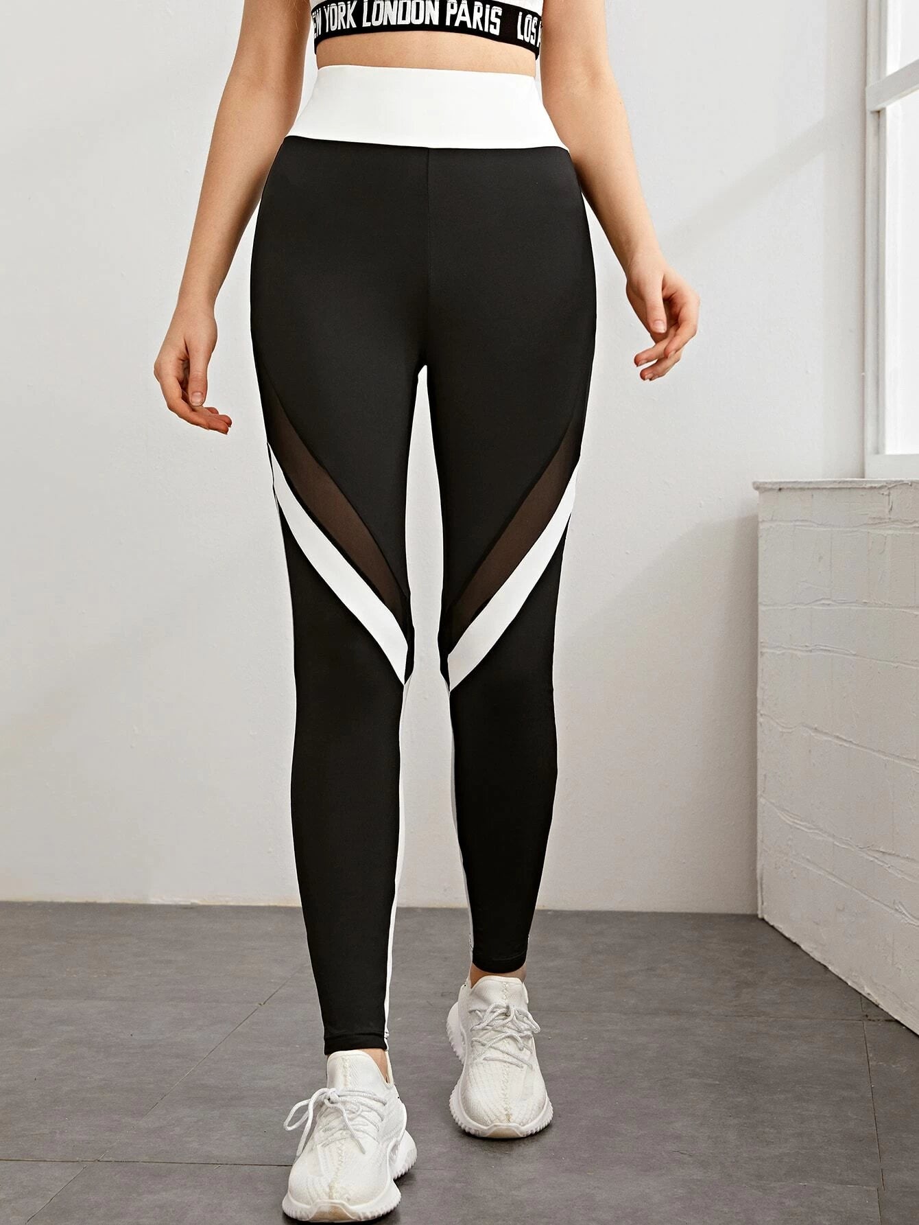Mulvari Wide Waistband Mesh Insert Colorblock Leggings