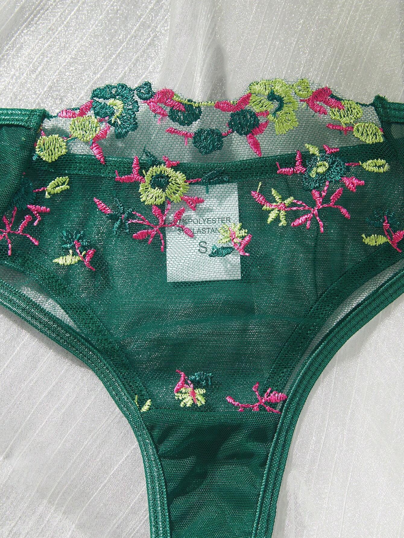 Floral Embroidery Mesh Underwire Lingerie Set