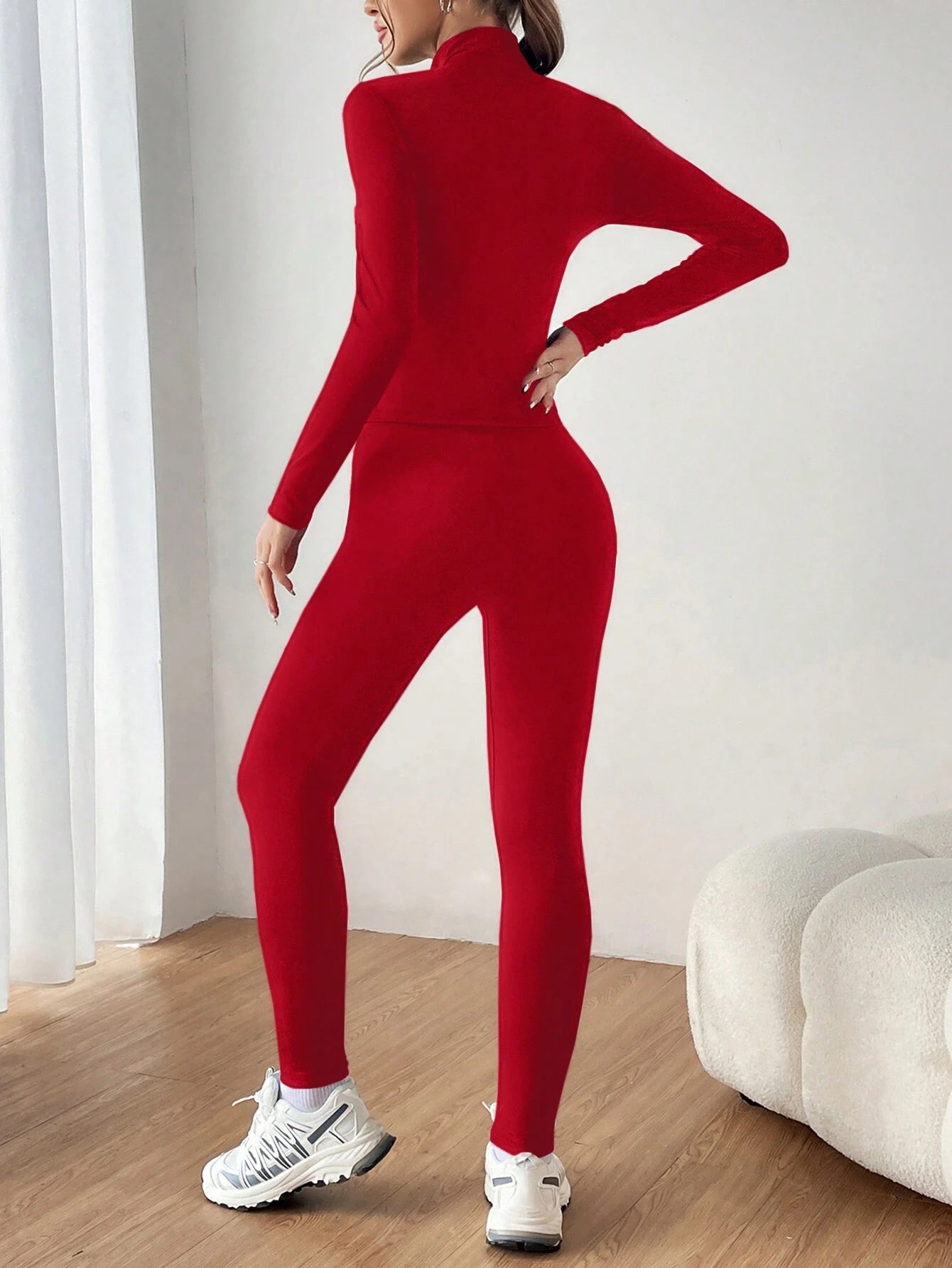 EZwear Ladies' Zipper Half Placket Long Sleeve T-Shirt And Leggings Set