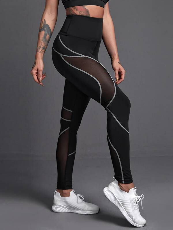Mesh Panel Topstitching Sports Leggings
