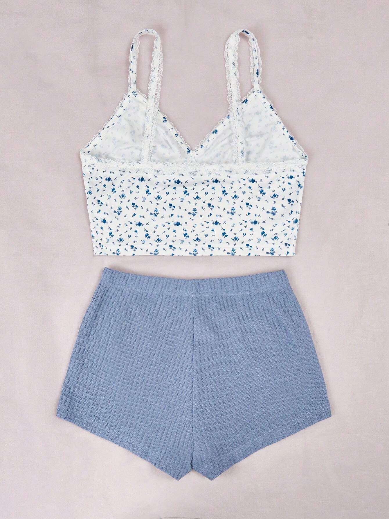 Ditsy Floral Print Lace Trim Cami Top &amp; Shorts PJ Set