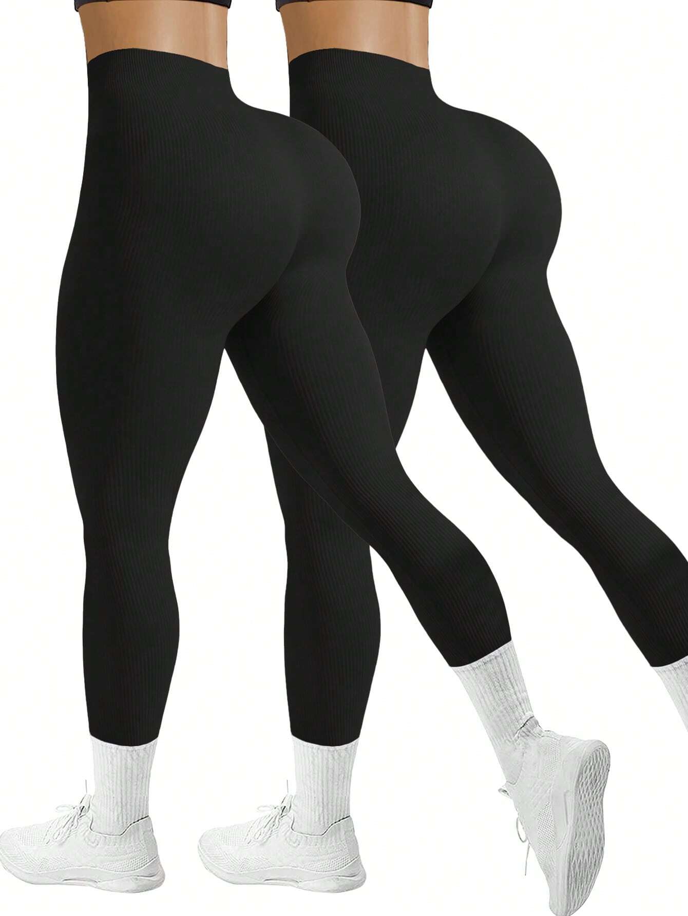 Yoga Basic 2pcs Solid Ribbed Knit Sports Leggings Workout Leggings Spandex Black